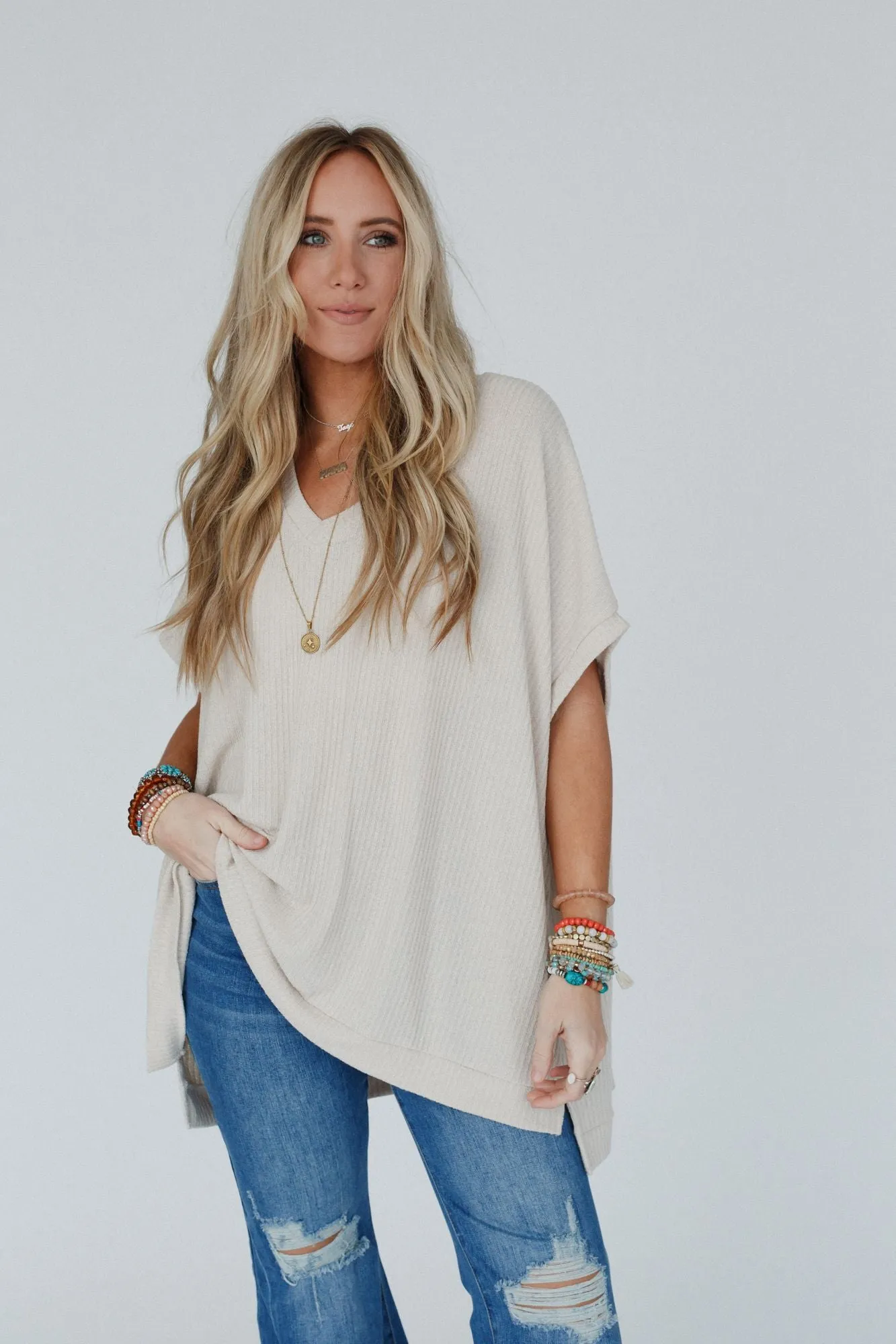 Rowan Oversized Ribbed Knit Top - Seashell