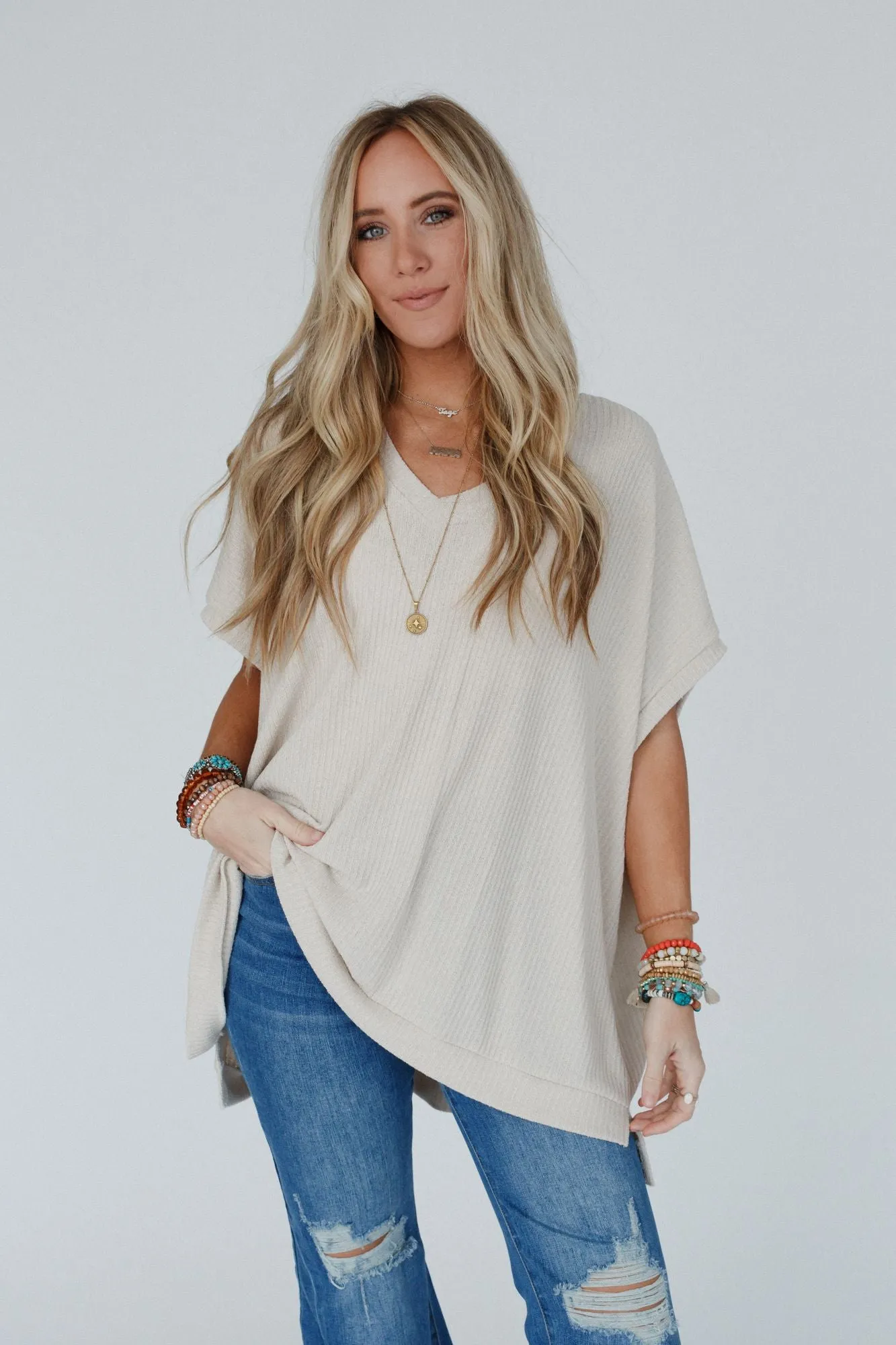 Rowan Oversized Ribbed Knit Top - Seashell