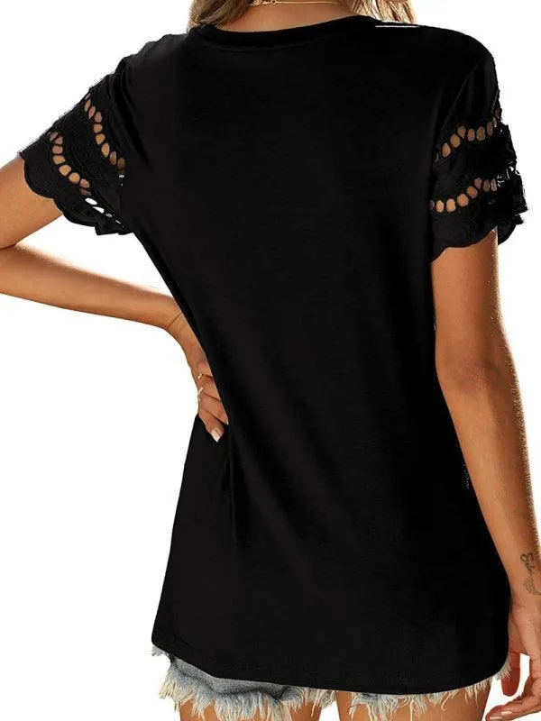 Short Sleeve Solid Lace Knit Women Top