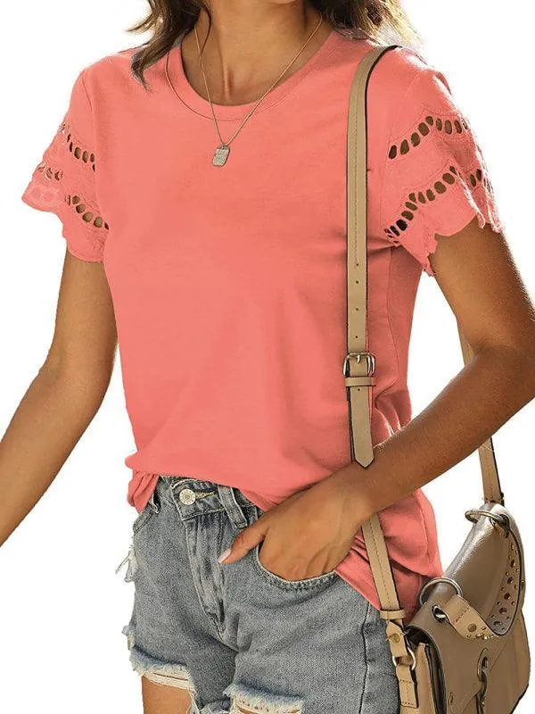 Short Sleeve Solid Lace Knit Women Top