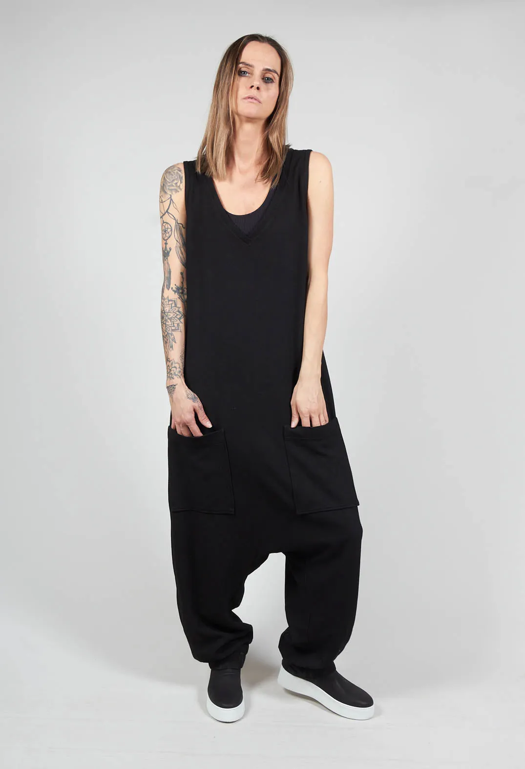 Sleeveless Overalls with V Neck Back in Black