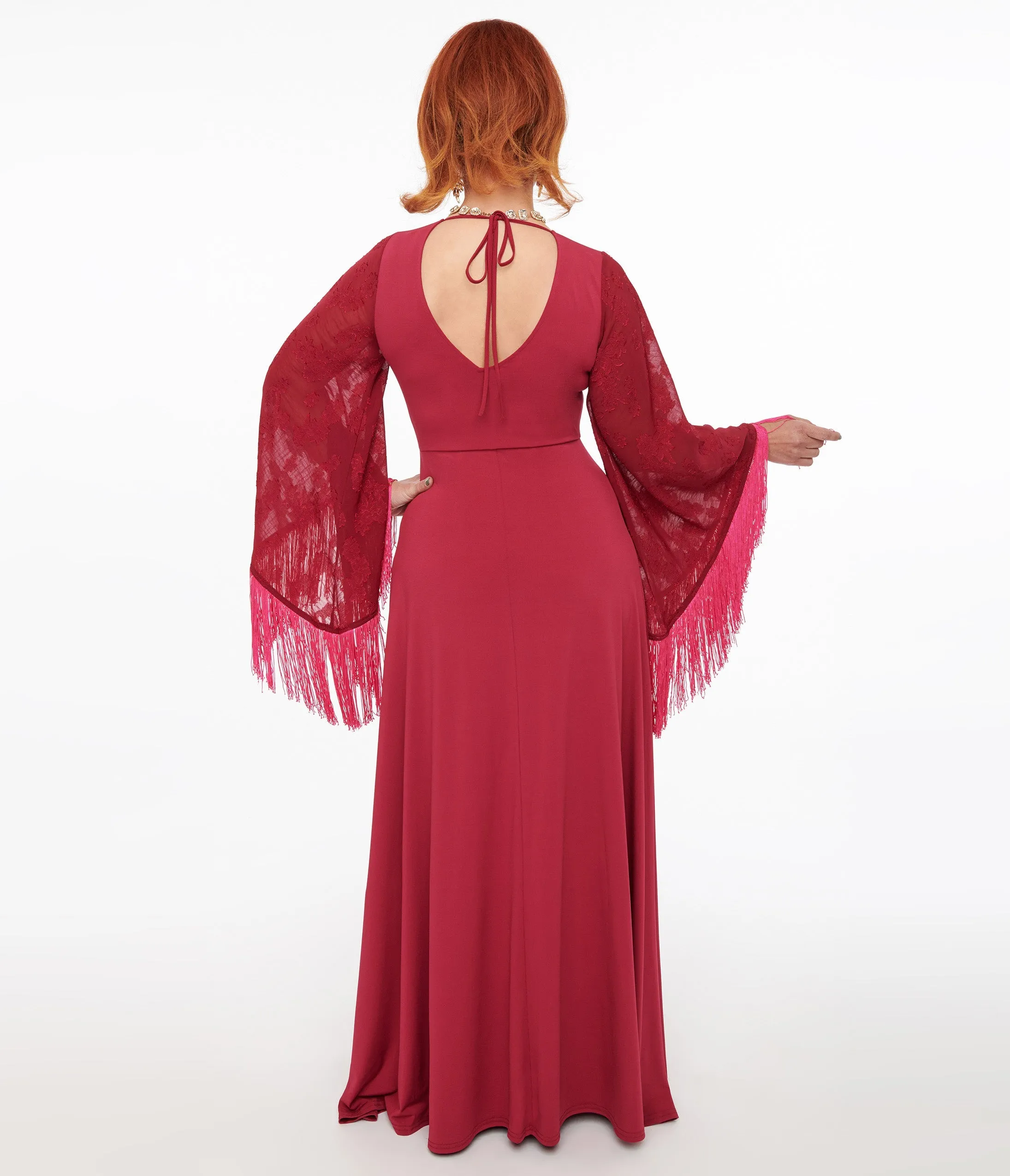 Smak Parlour 1970s Berry Floral Fringe Sleeve Maxi Dress