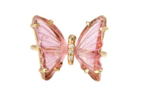 SMALL POINTED PINK TOURMALINE PAVE DIAMOND BUTTERFLY RING