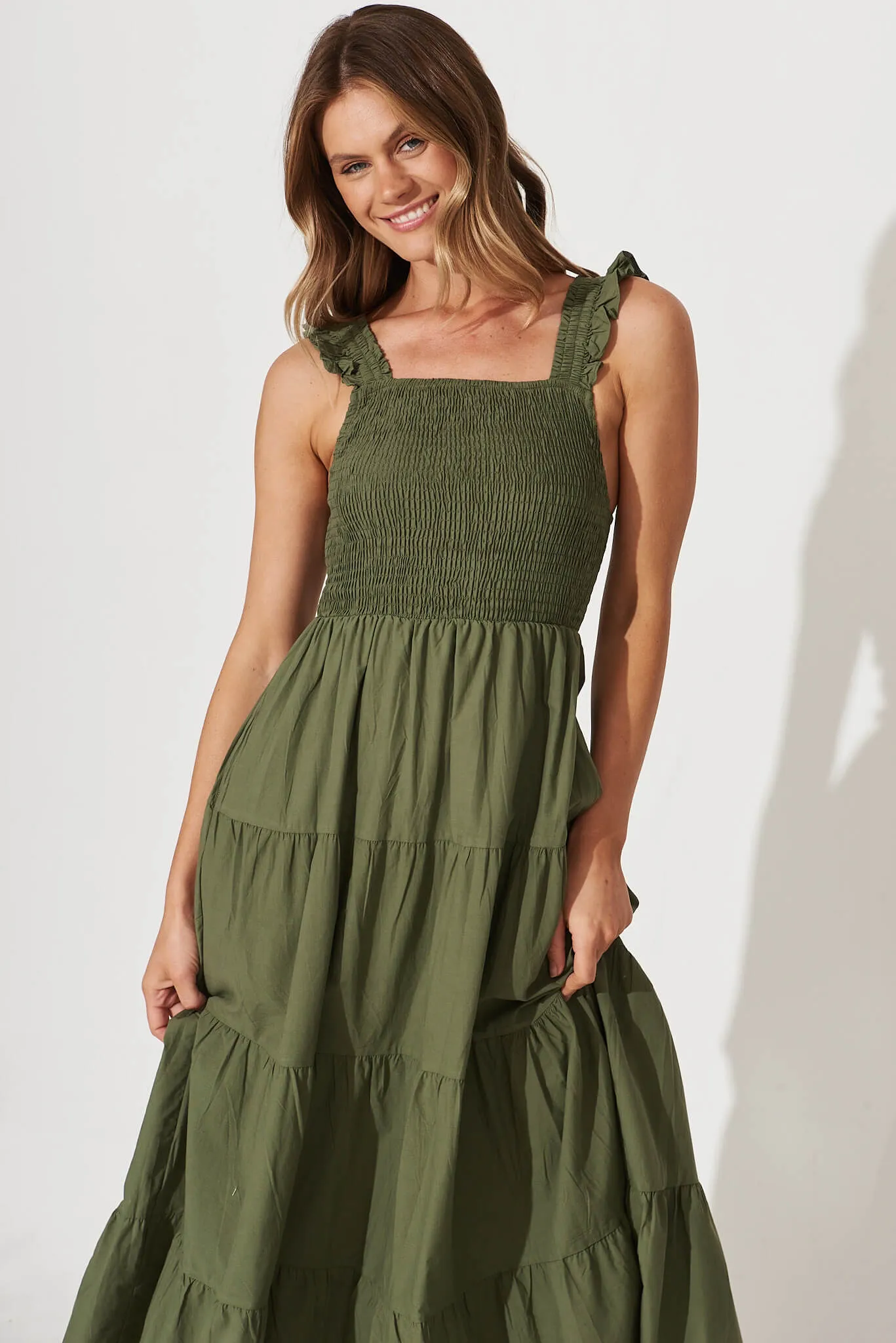 Someday Midi Sundress In Khaki Cotton