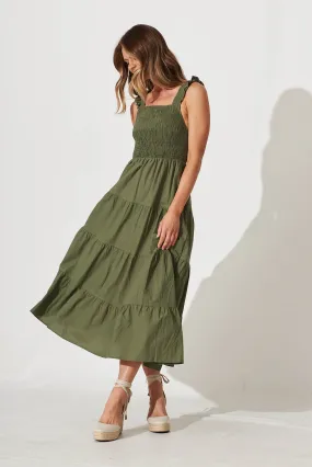 Someday Midi Sundress In Khaki Cotton