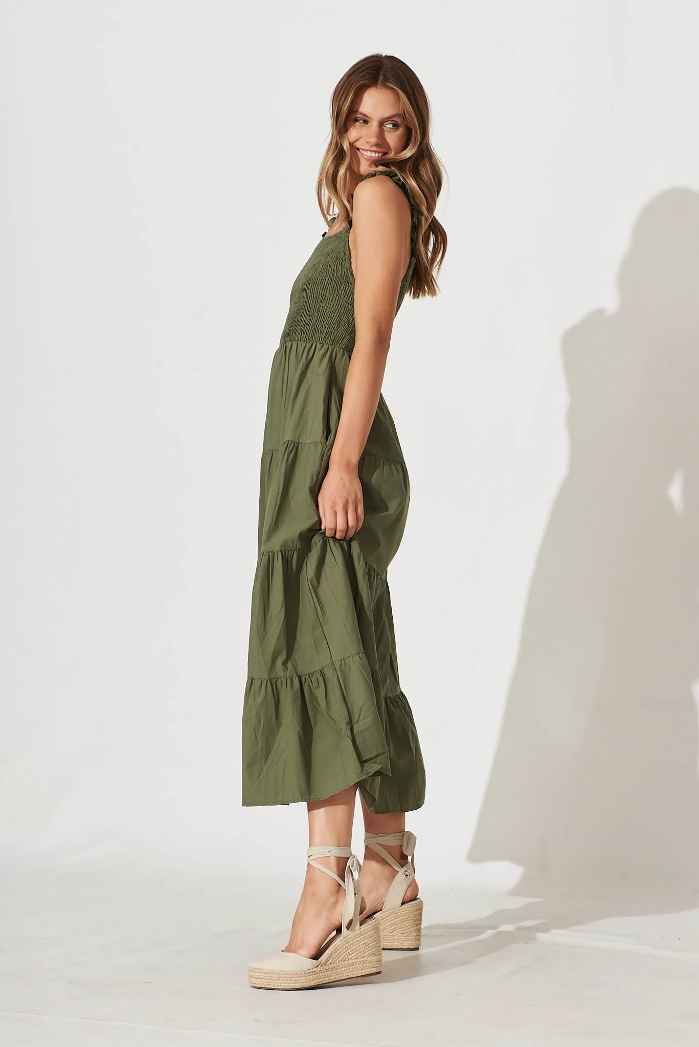 Someday Midi Sundress In Khaki Cotton