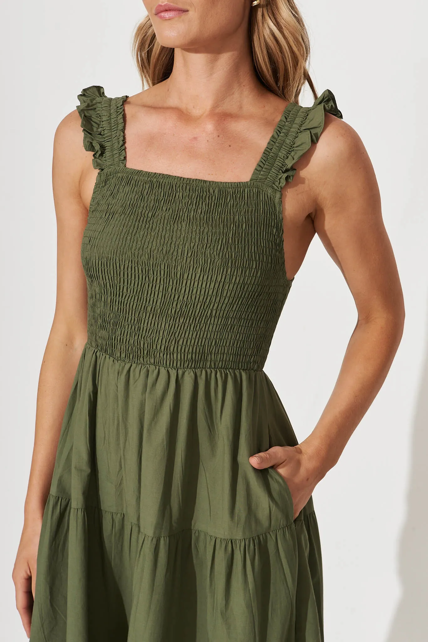 Someday Midi Sundress In Khaki Cotton