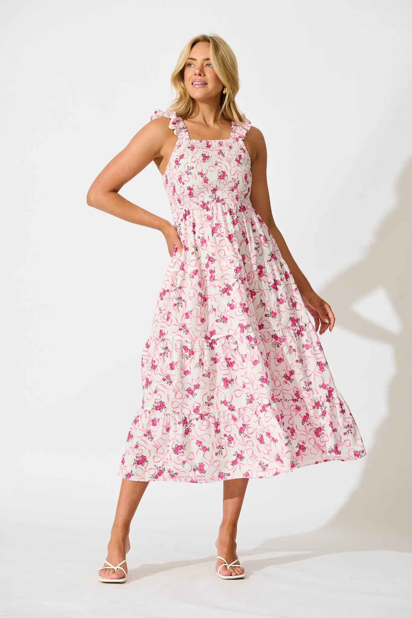 Someday Midi Sundress In Pink Floral Print Cotton