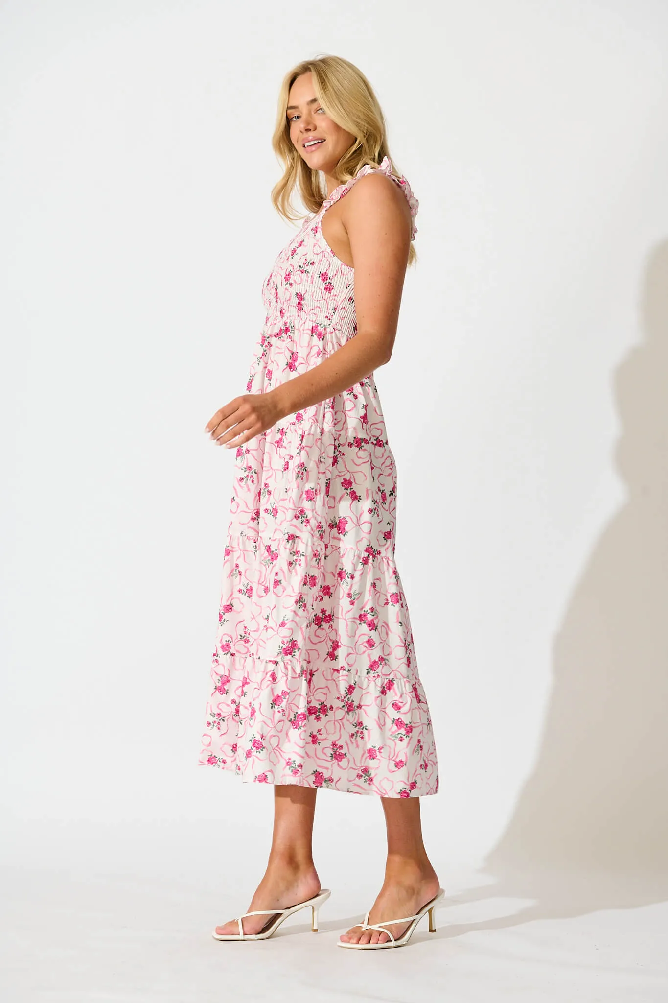 Someday Midi Sundress In Pink Floral Print Cotton