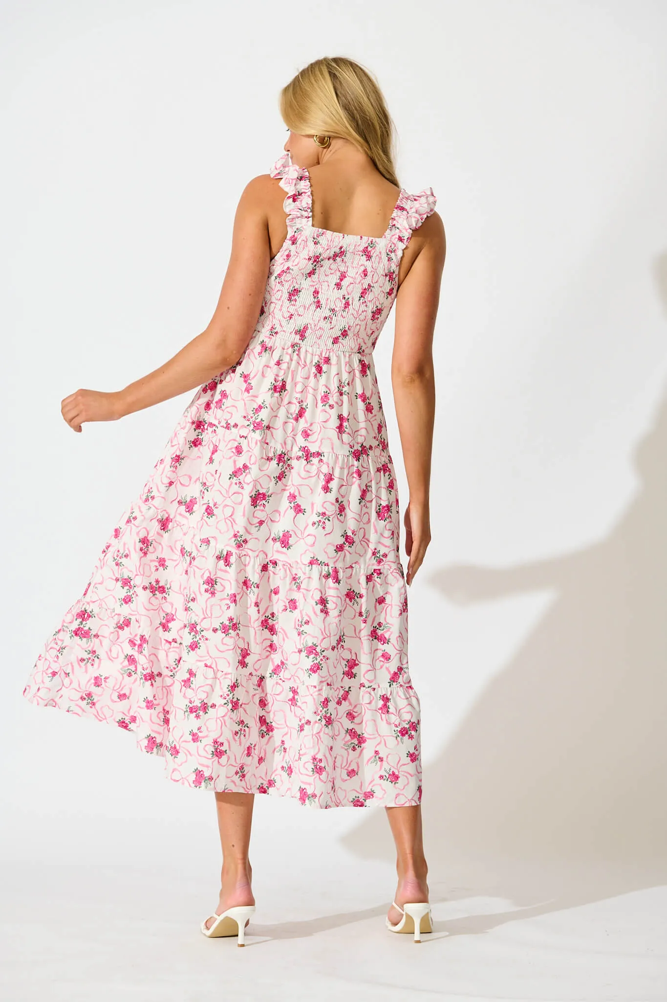 Someday Midi Sundress In Pink Floral Print Cotton