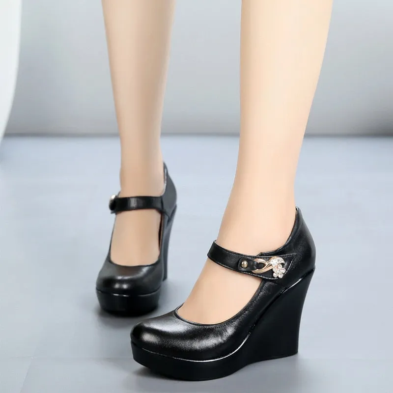 Spring Autumn Genuine Leather Women's Fashion High Heels Pumps Wedges Black Color Female Platform Shoes Large size