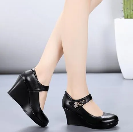 Spring Autumn Genuine Leather Women's Fashion High Heels Pumps Wedges Black Color Female Platform Shoes Large size