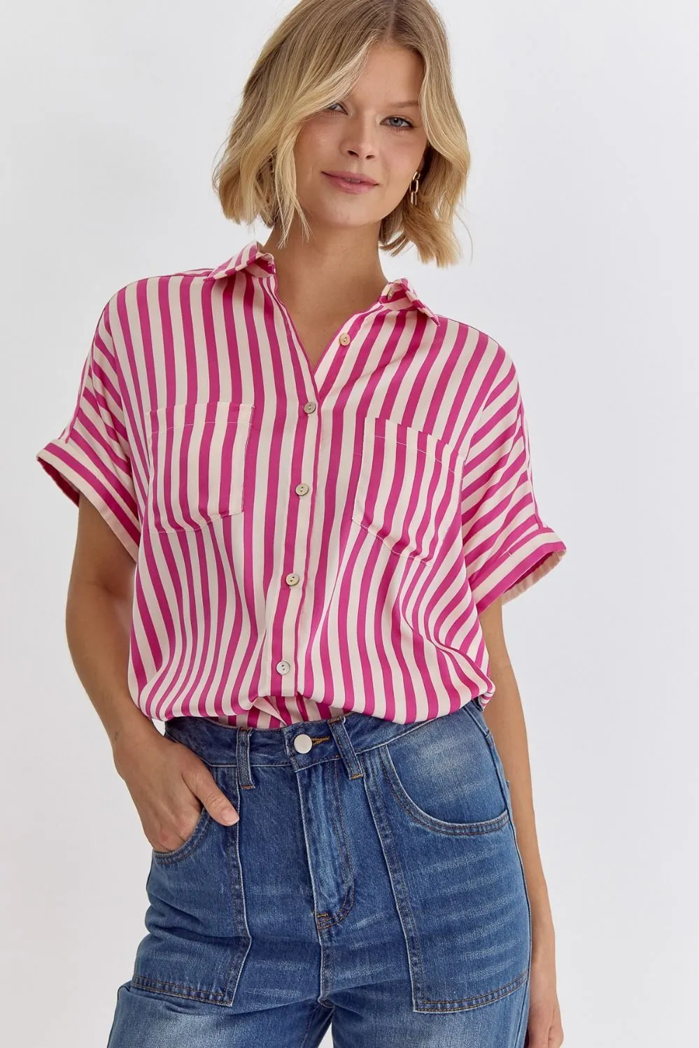 Striped Collared Button Up Short Sleeve Top