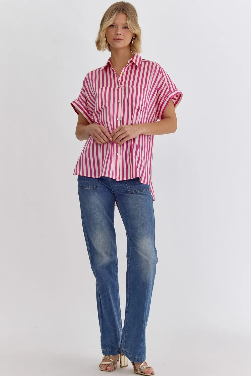 Striped Collared Button Up Short Sleeve Top