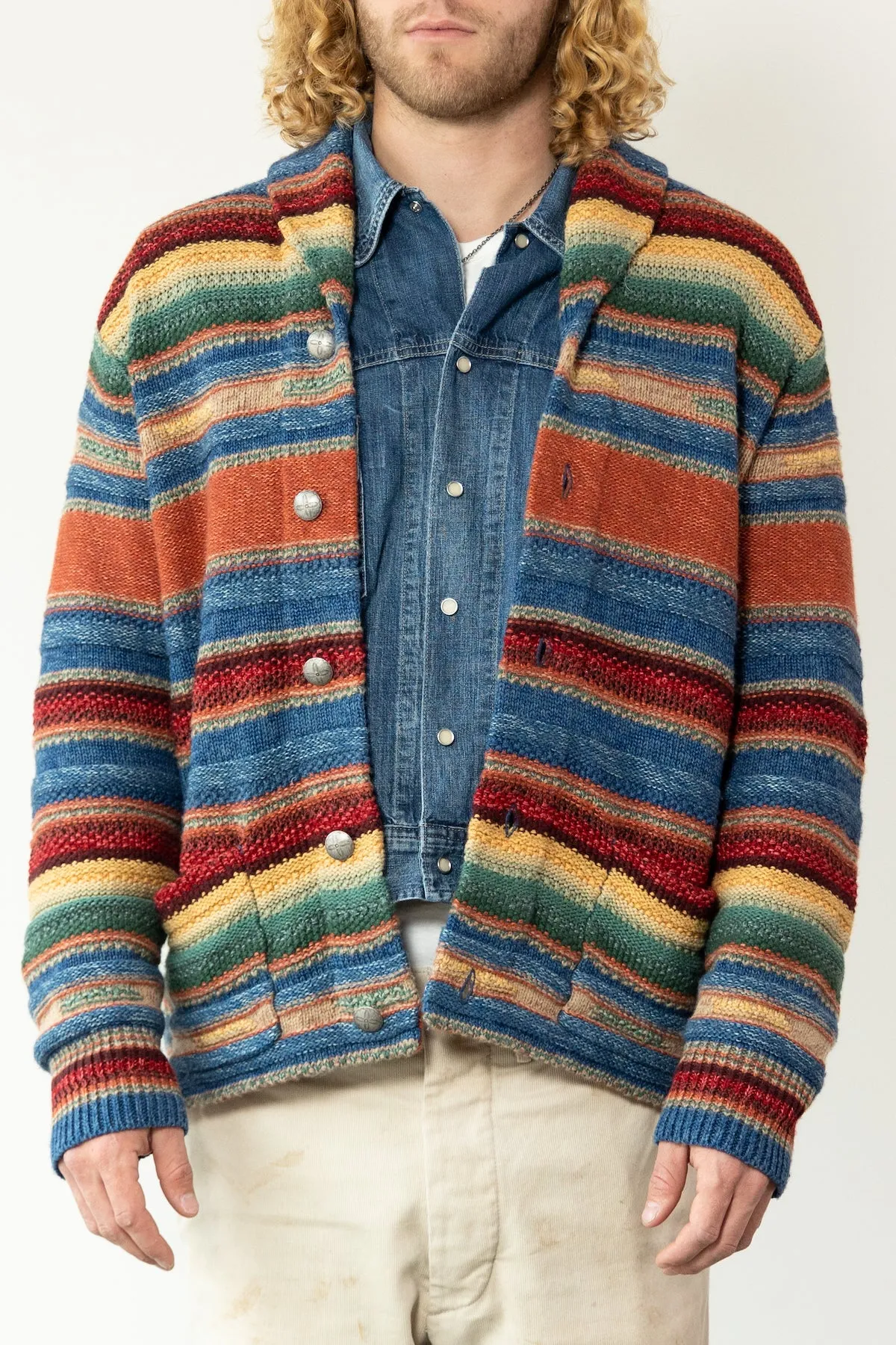 Striped Shawl Collar Cardigan - Indigo/Rust Multi