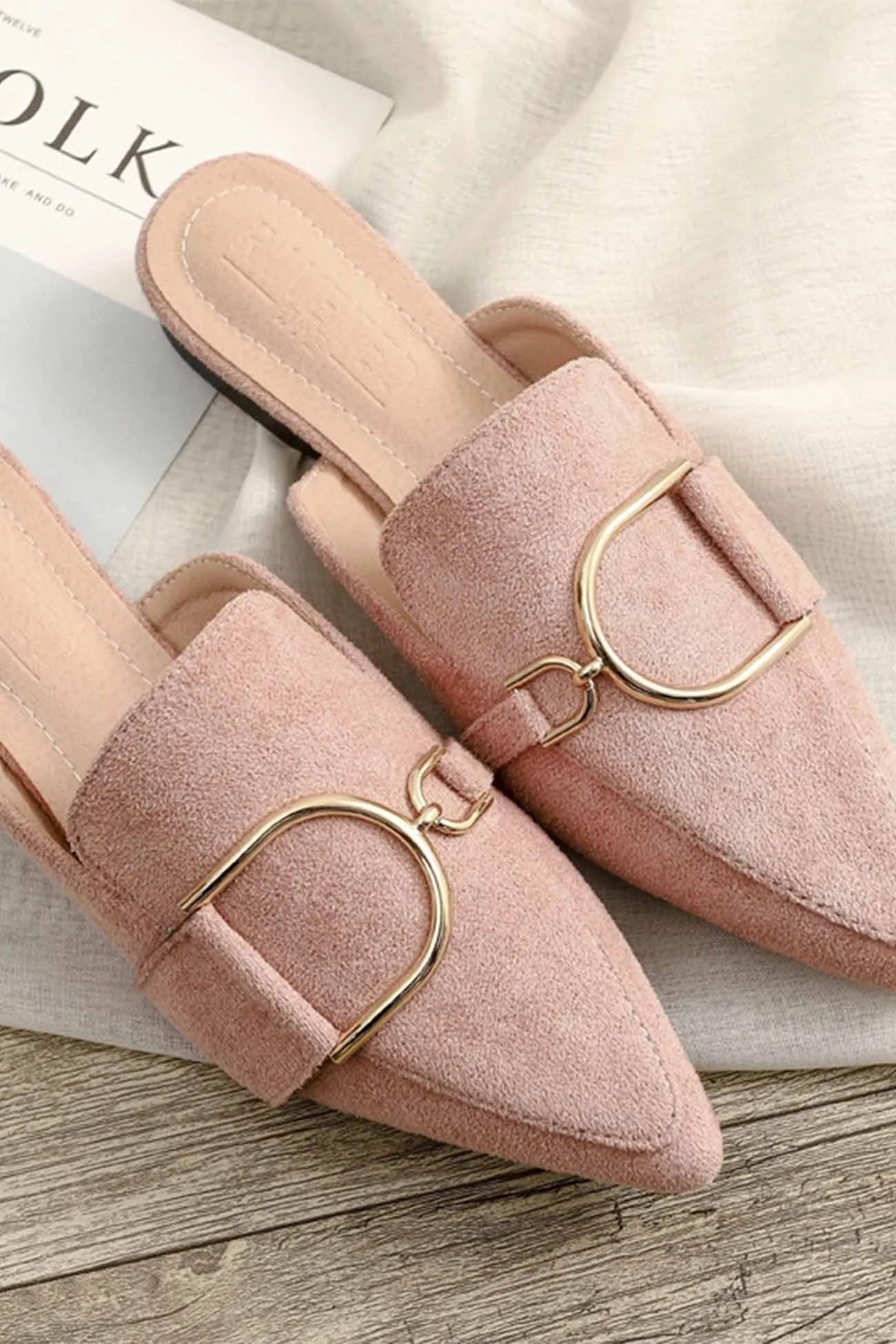 Suede Pointed Metal Buckle Mule Slides