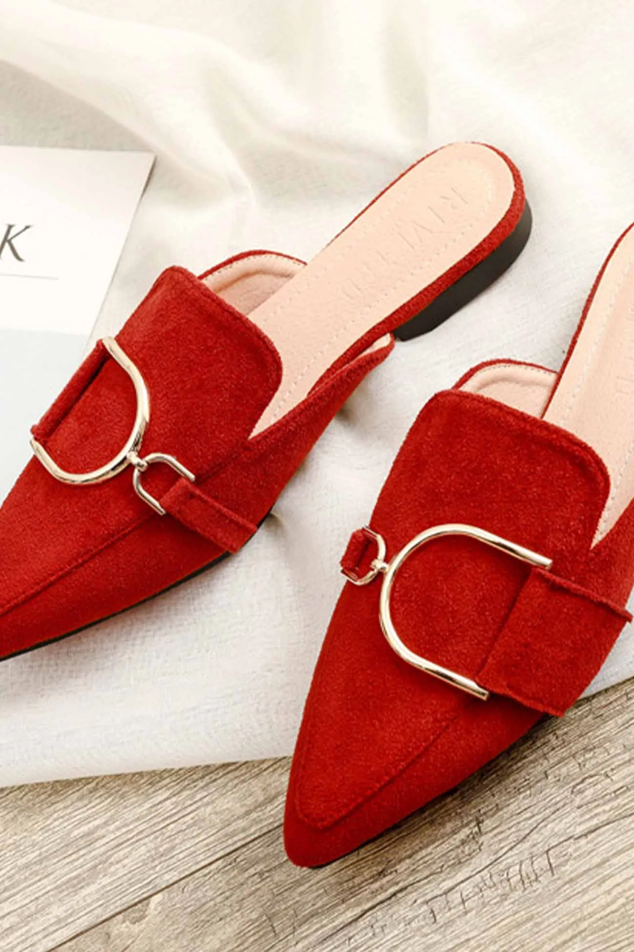 Suede Pointed Metal Buckle Mule Slides