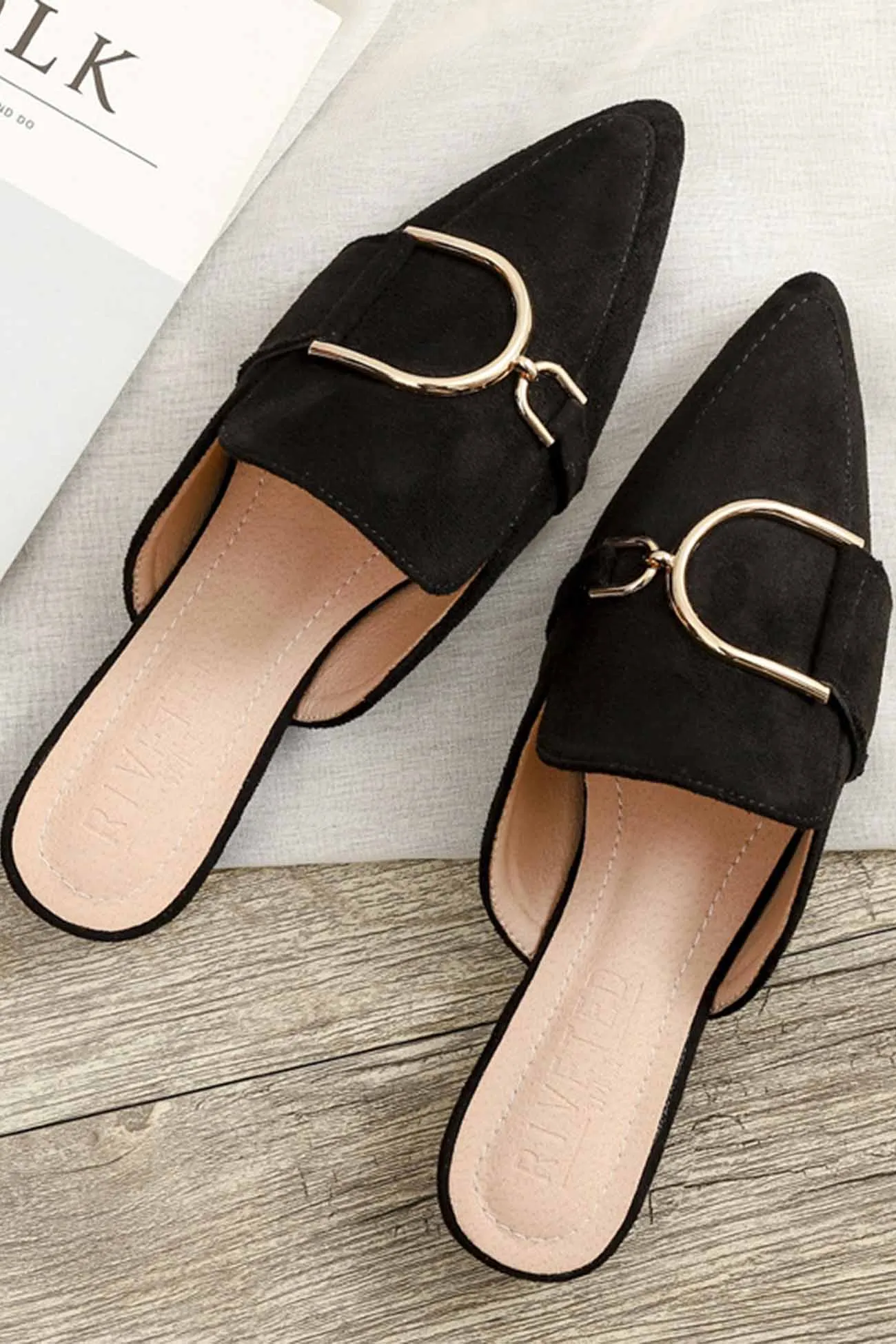 Suede Pointed Metal Buckle Mule Slides