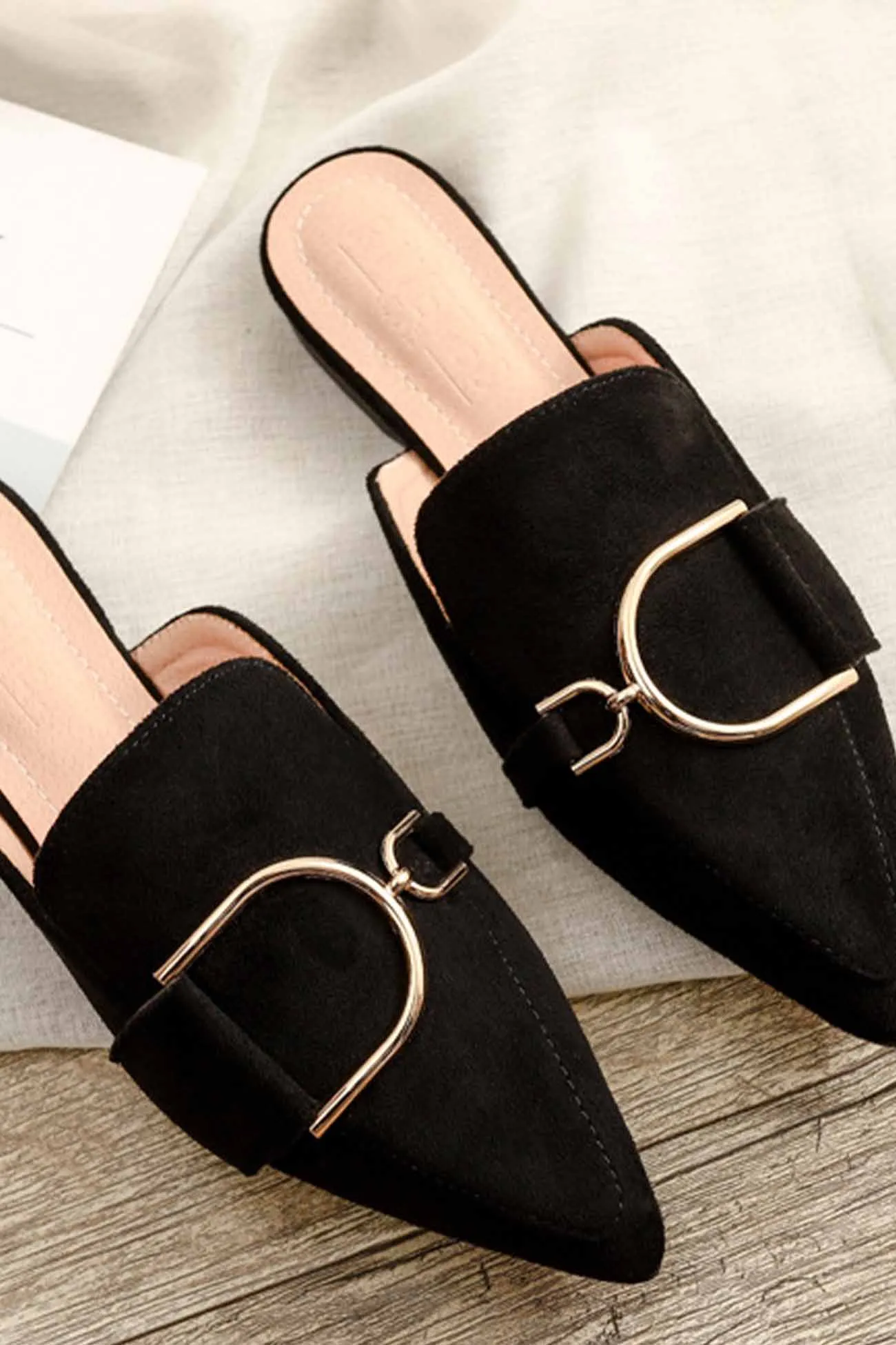 Suede Pointed Metal Buckle Mule Slides