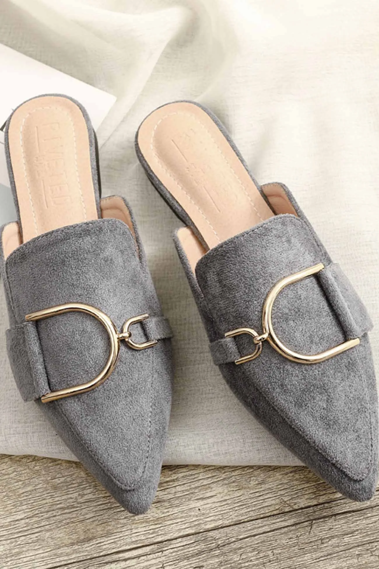 Suede Pointed Metal Buckle Mule Slides