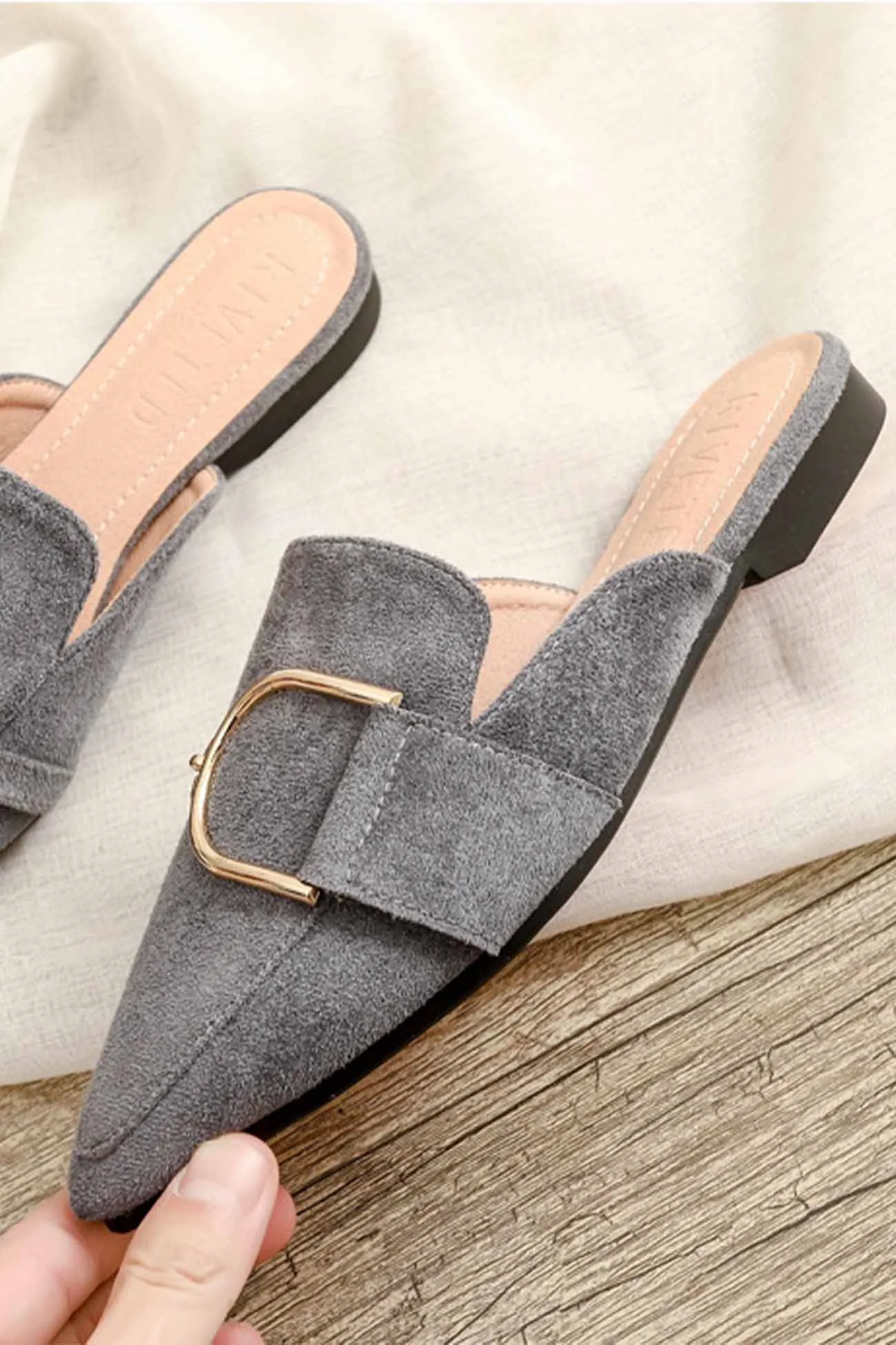 Suede Pointed Metal Buckle Mule Slides