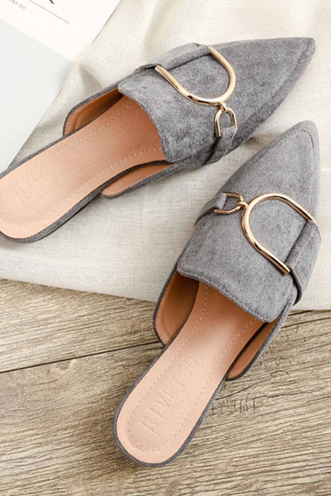 Suede Pointed Metal Buckle Mule Slides