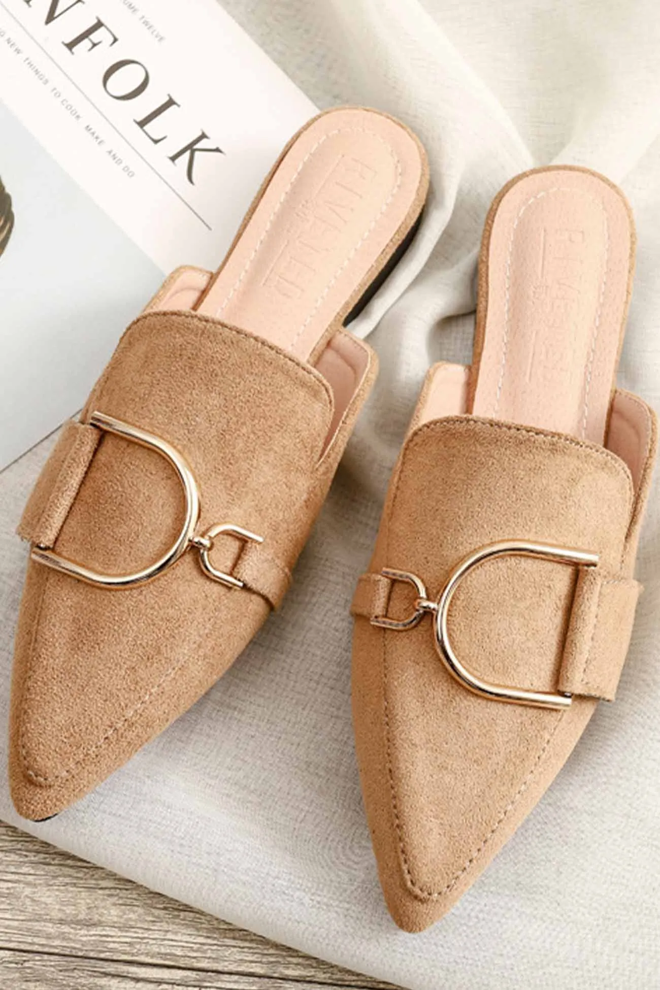 Suede Pointed Metal Buckle Mule Slides