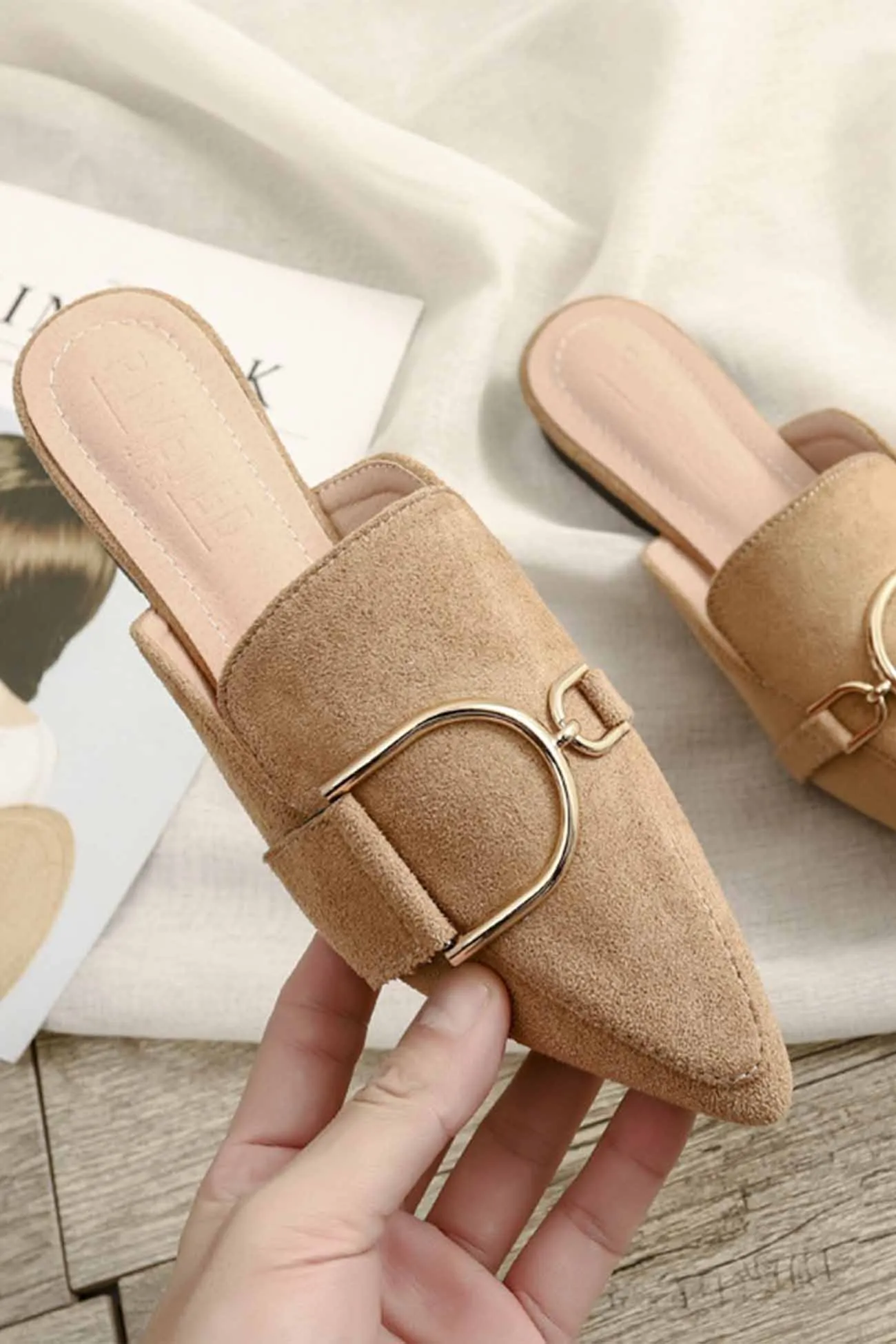 Suede Pointed Metal Buckle Mule Slides