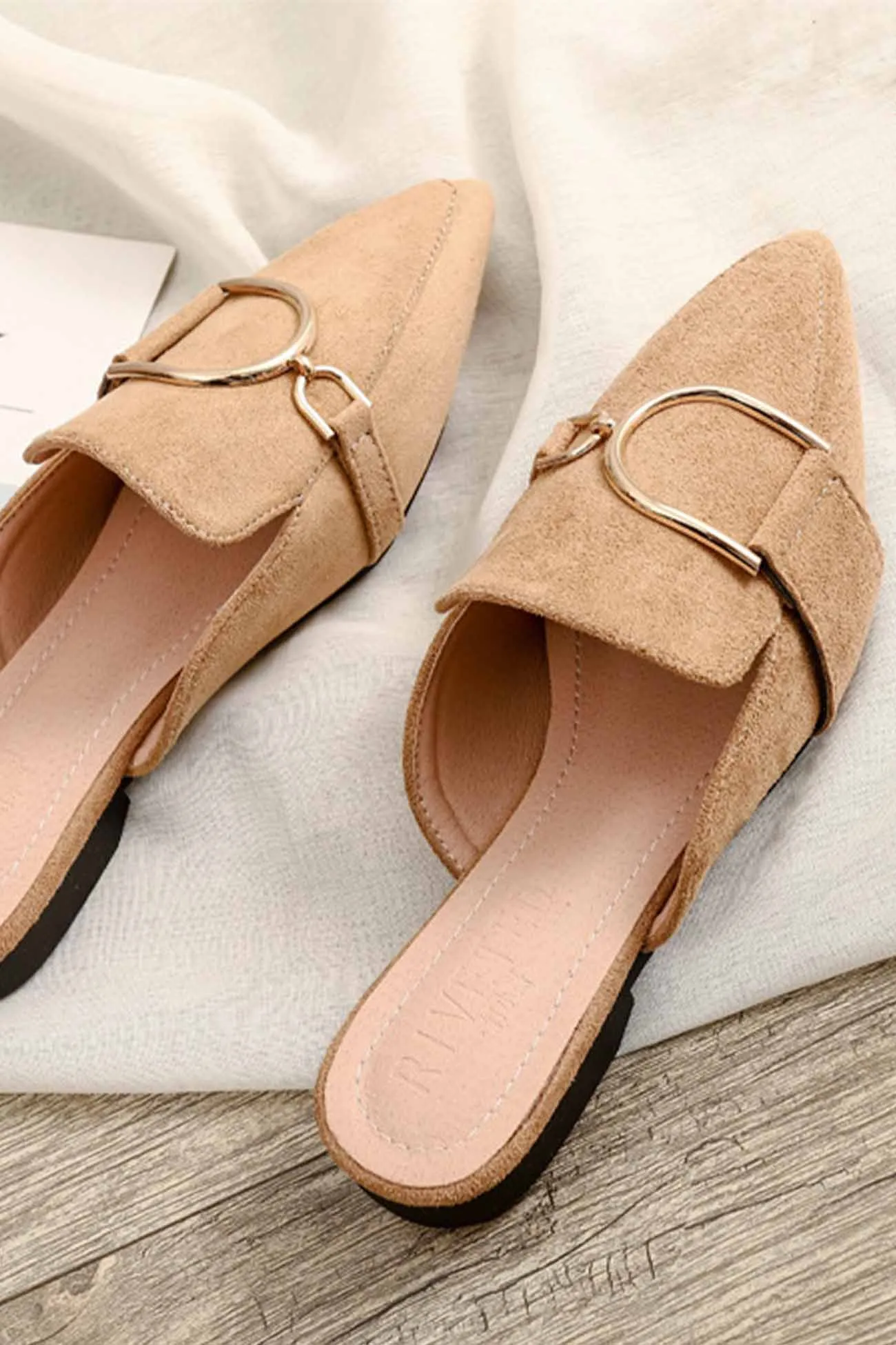 Suede Pointed Metal Buckle Mule Slides