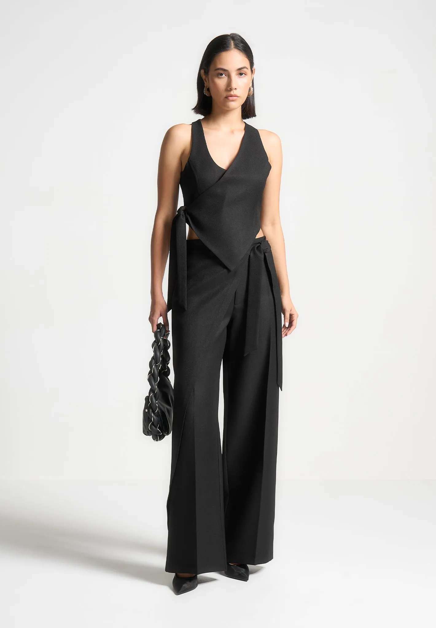 Tailored Wrap Trousers with Tie - Black