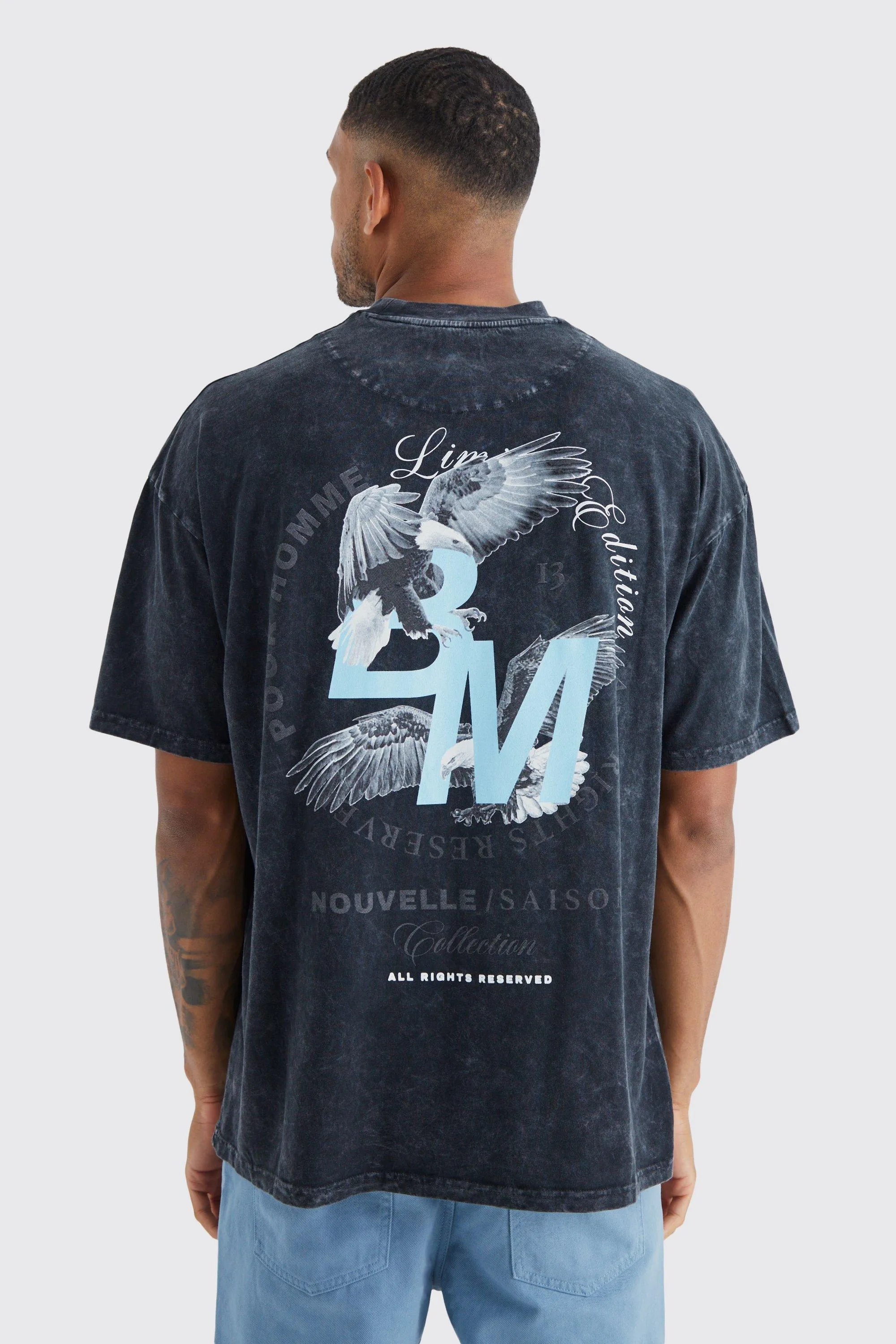 Tall Oversized Bm Eagal Acid Wash T-shirt | boohooMAN UK