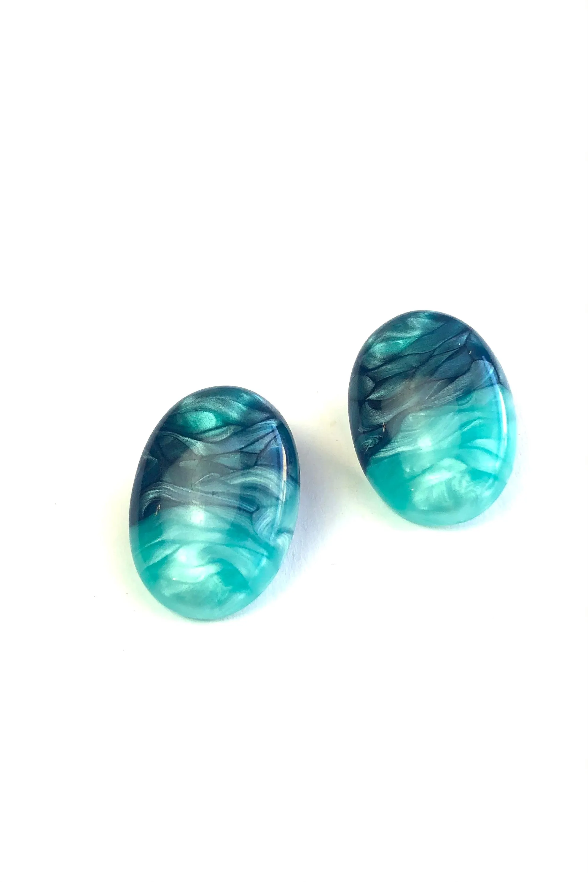 Teal & Peacock Aura Enamel Oval Button Stud Earrings