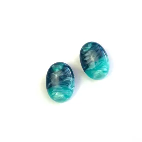 Teal & Peacock Aura Enamel Oval Button Stud Earrings