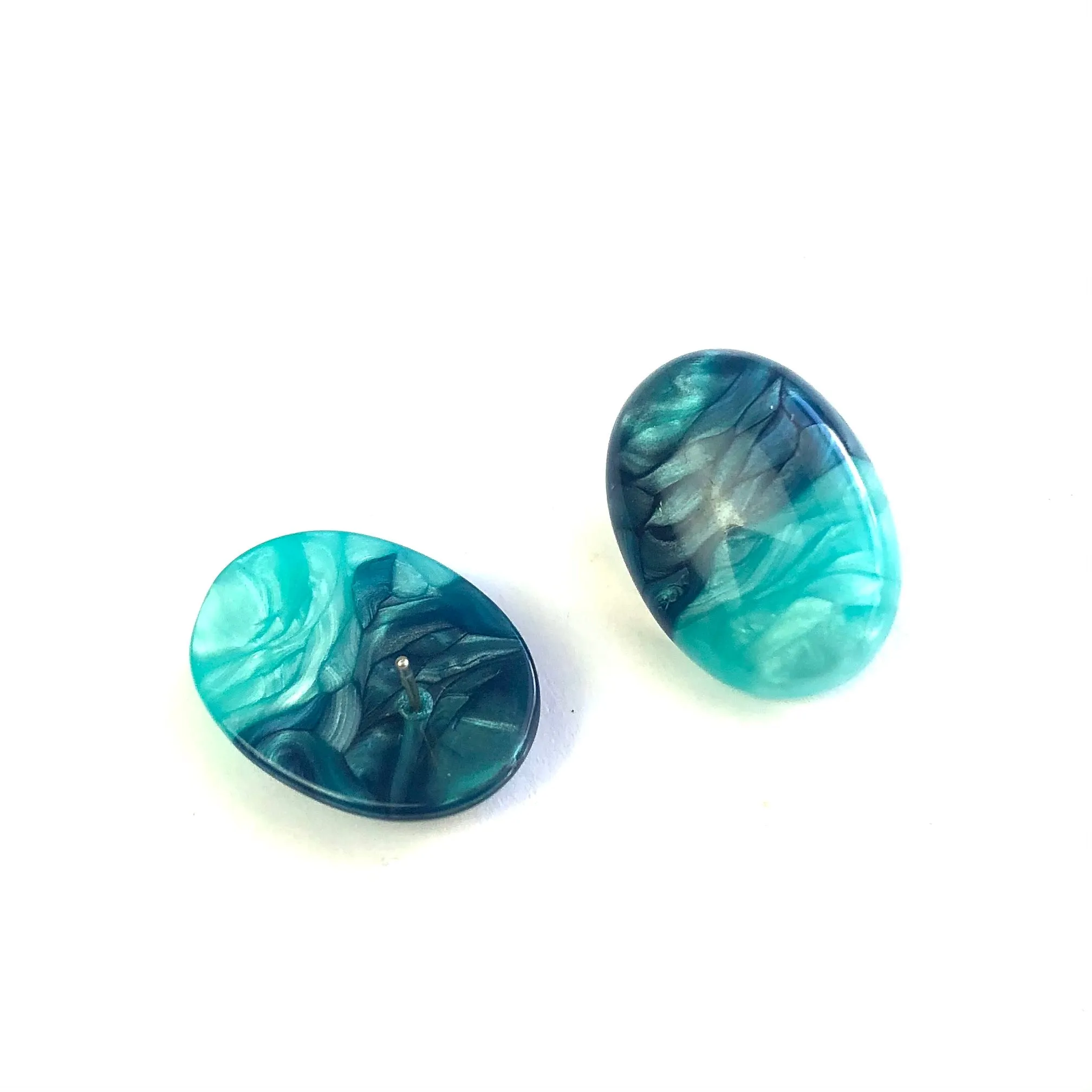 Teal & Peacock Aura Enamel Oval Button Stud Earrings