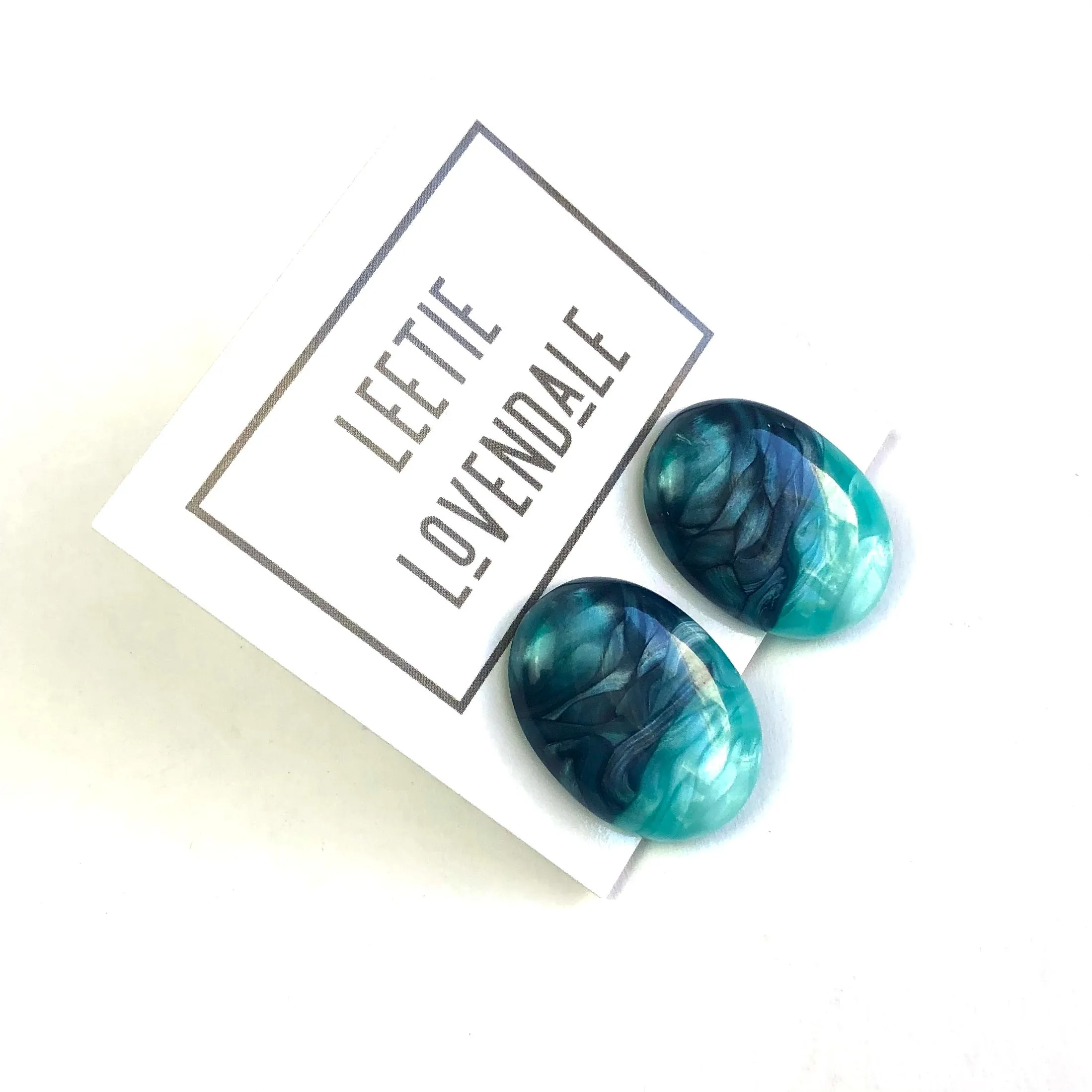 Teal & Peacock Aura Enamel Oval Button Stud Earrings