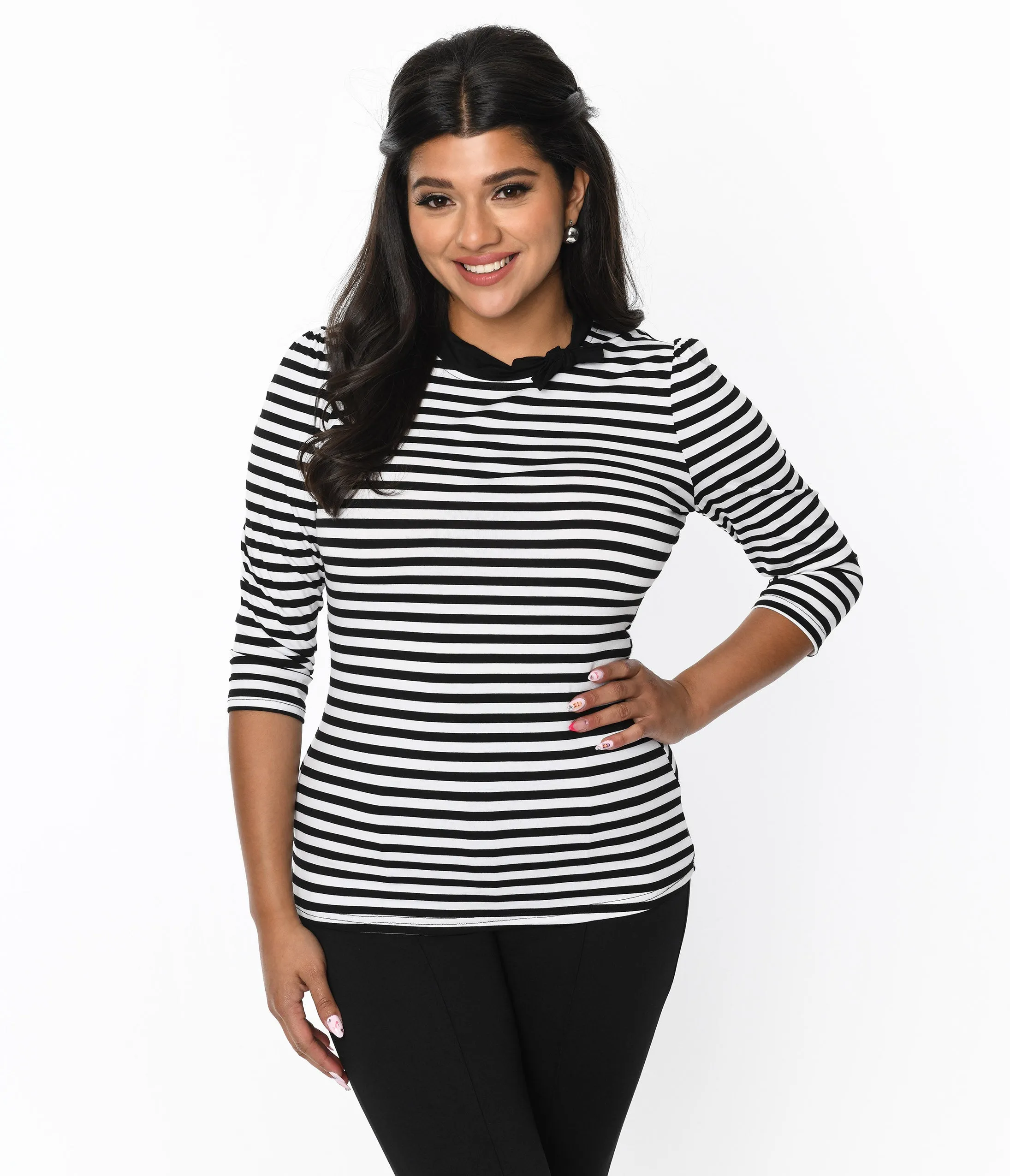 Unique Vintage Black & White Stripe Three Quarter Sleeve Sweetie Knit Top