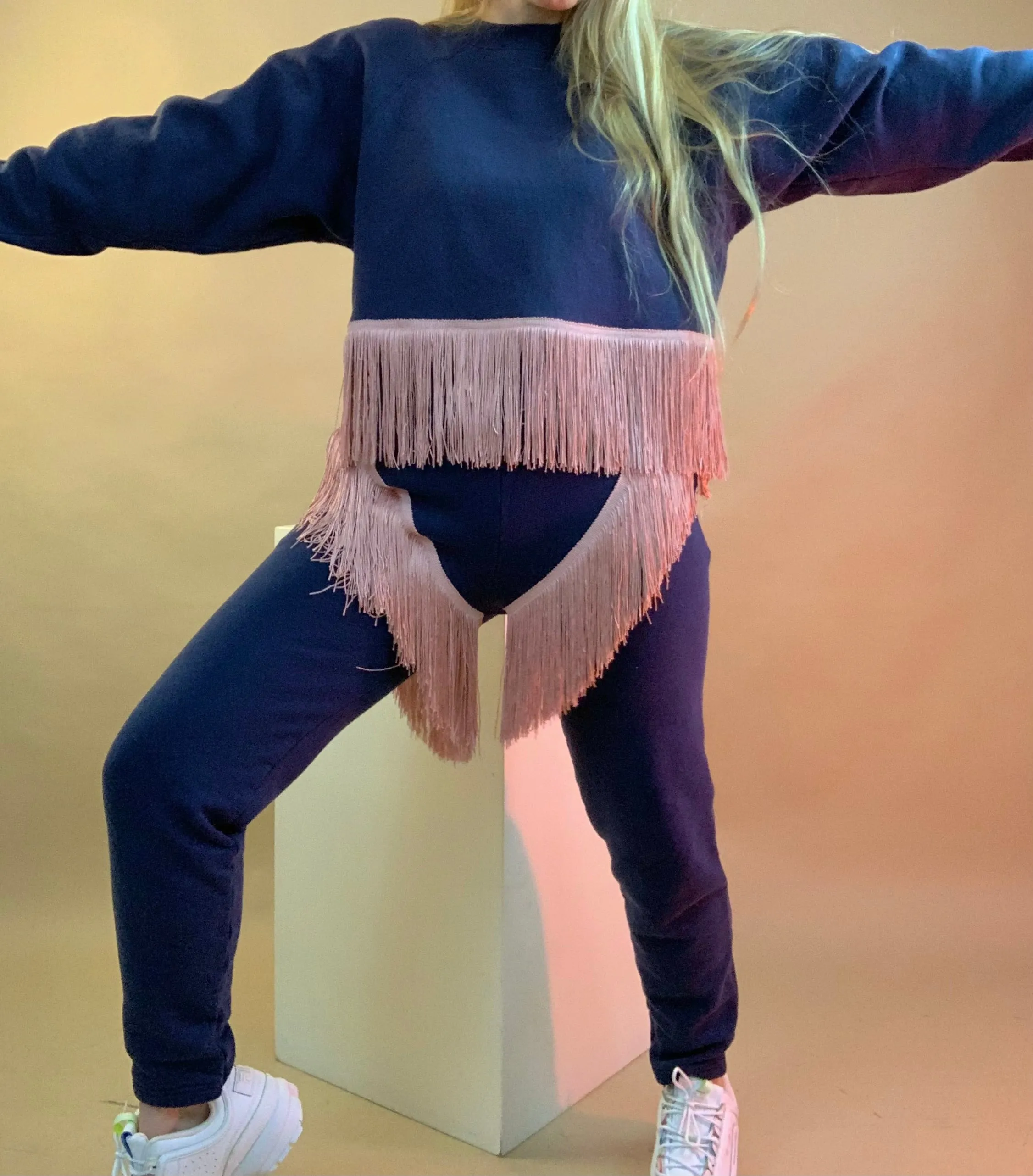 Upcycled fringe sweatsuit