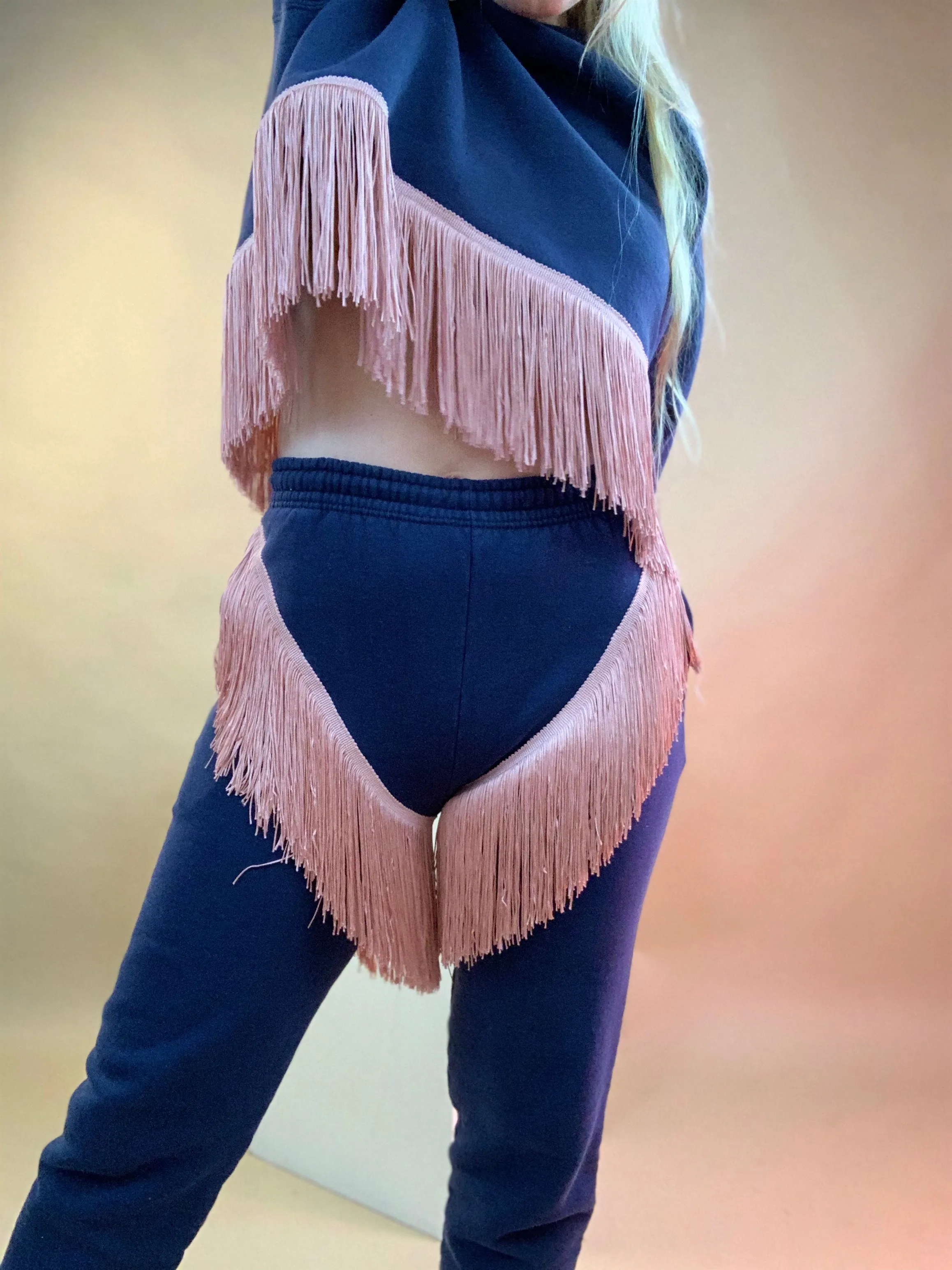 Upcycled fringe sweatsuit