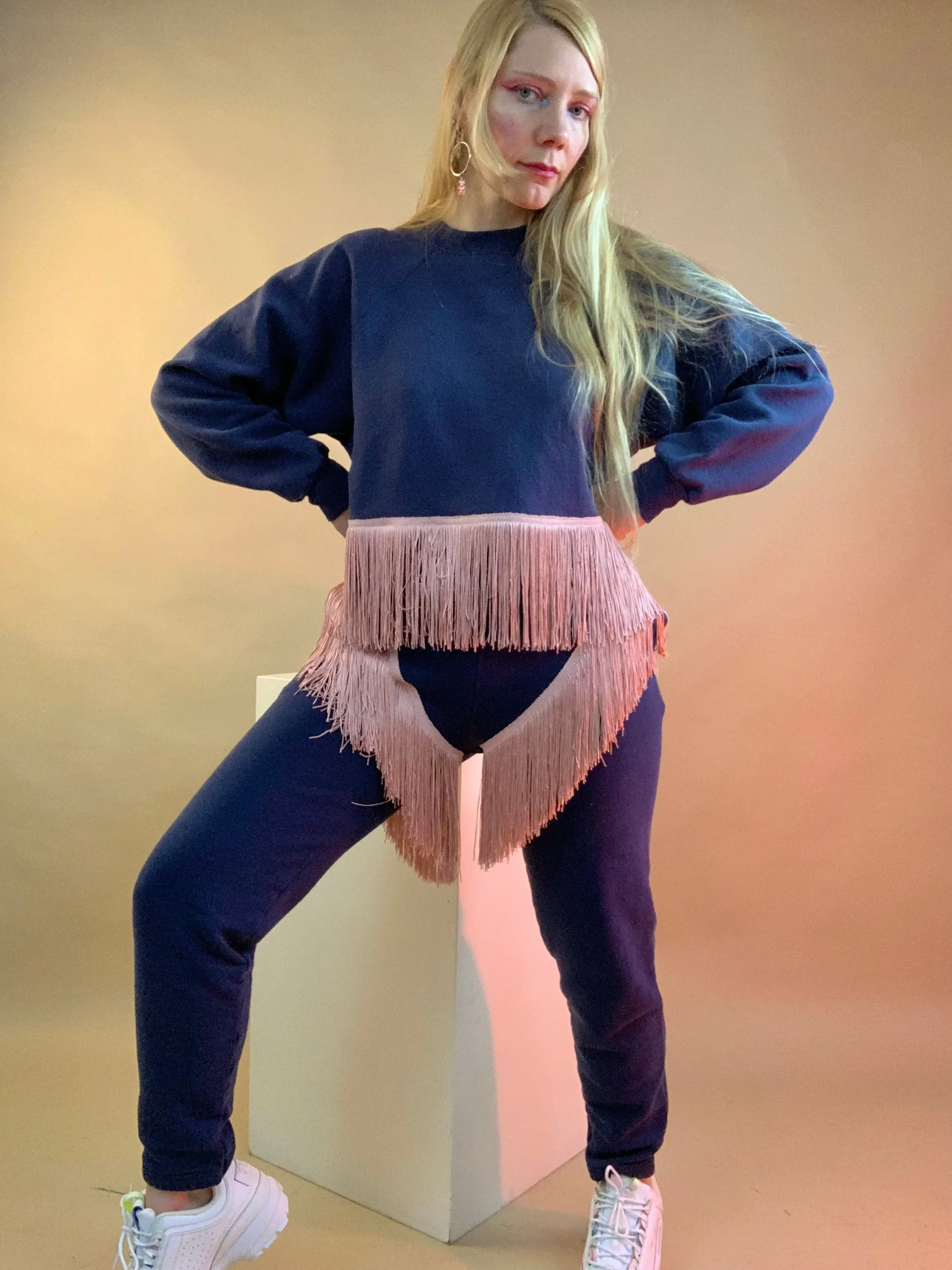 Upcycled fringe sweatsuit