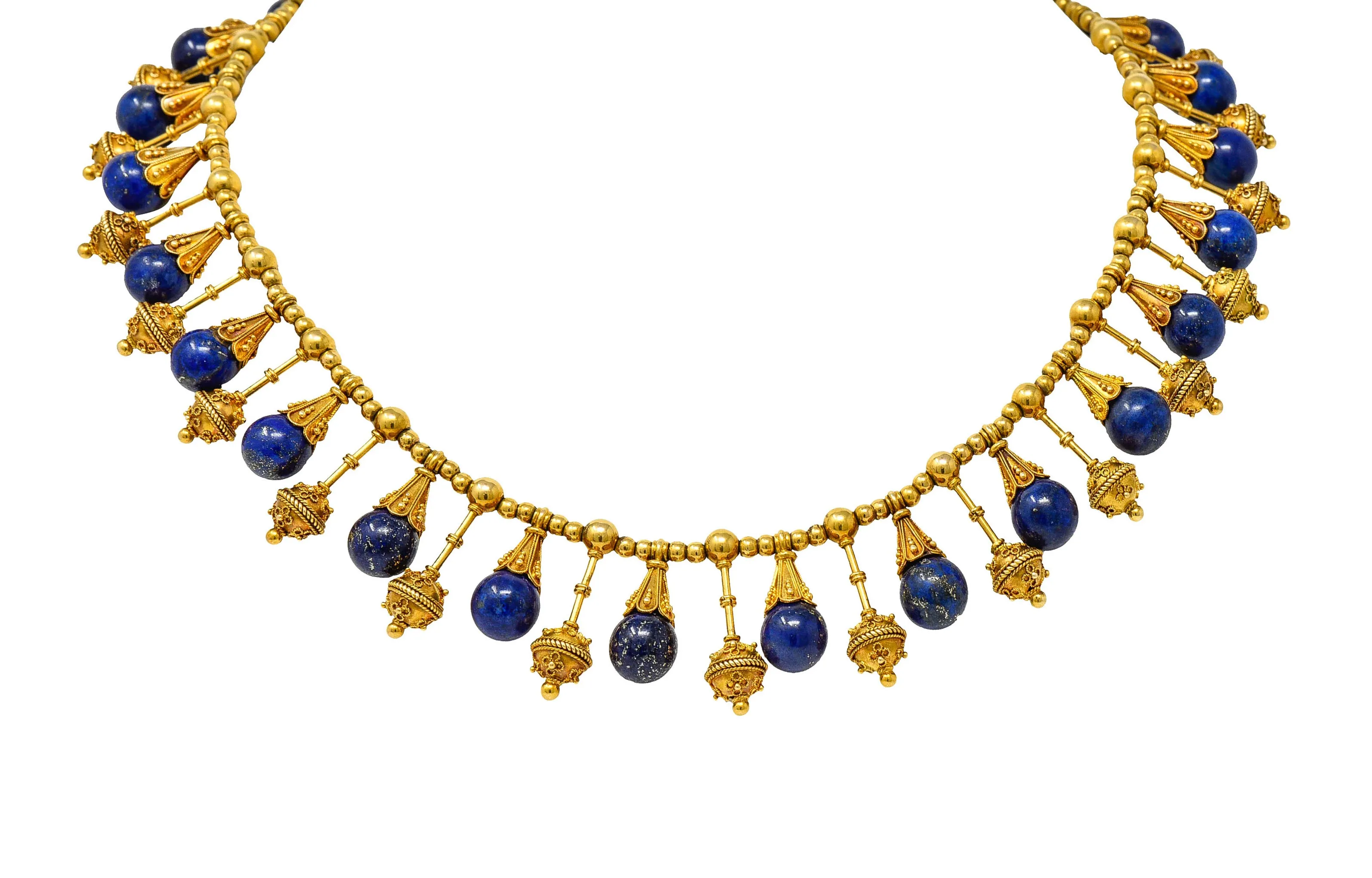 Victorian Etruscan Revival Lapis Lazuli 18 Karat Gold Drop Fringe Necklace