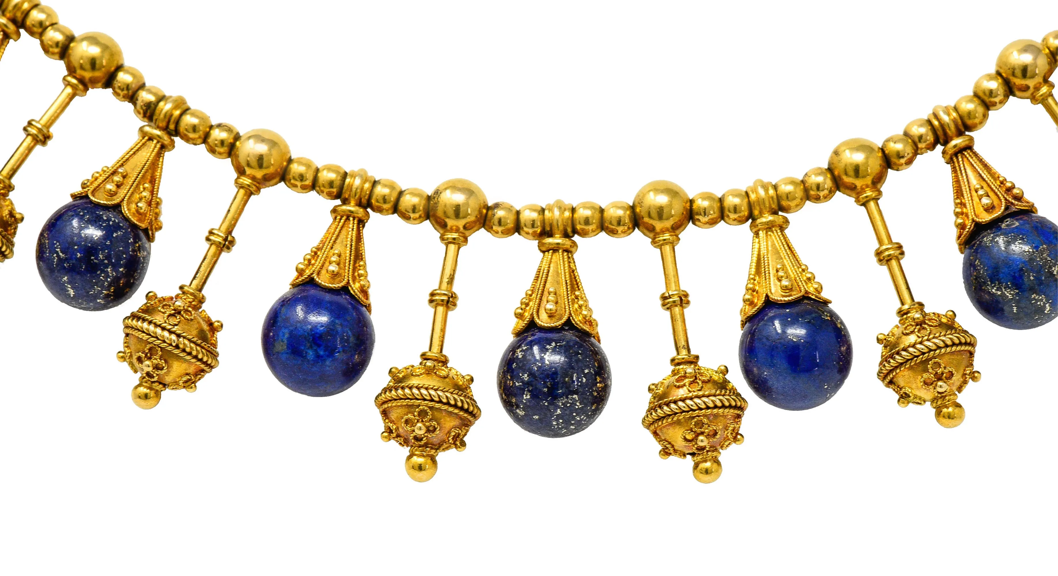 Victorian Etruscan Revival Lapis Lazuli 18 Karat Gold Drop Fringe Necklace