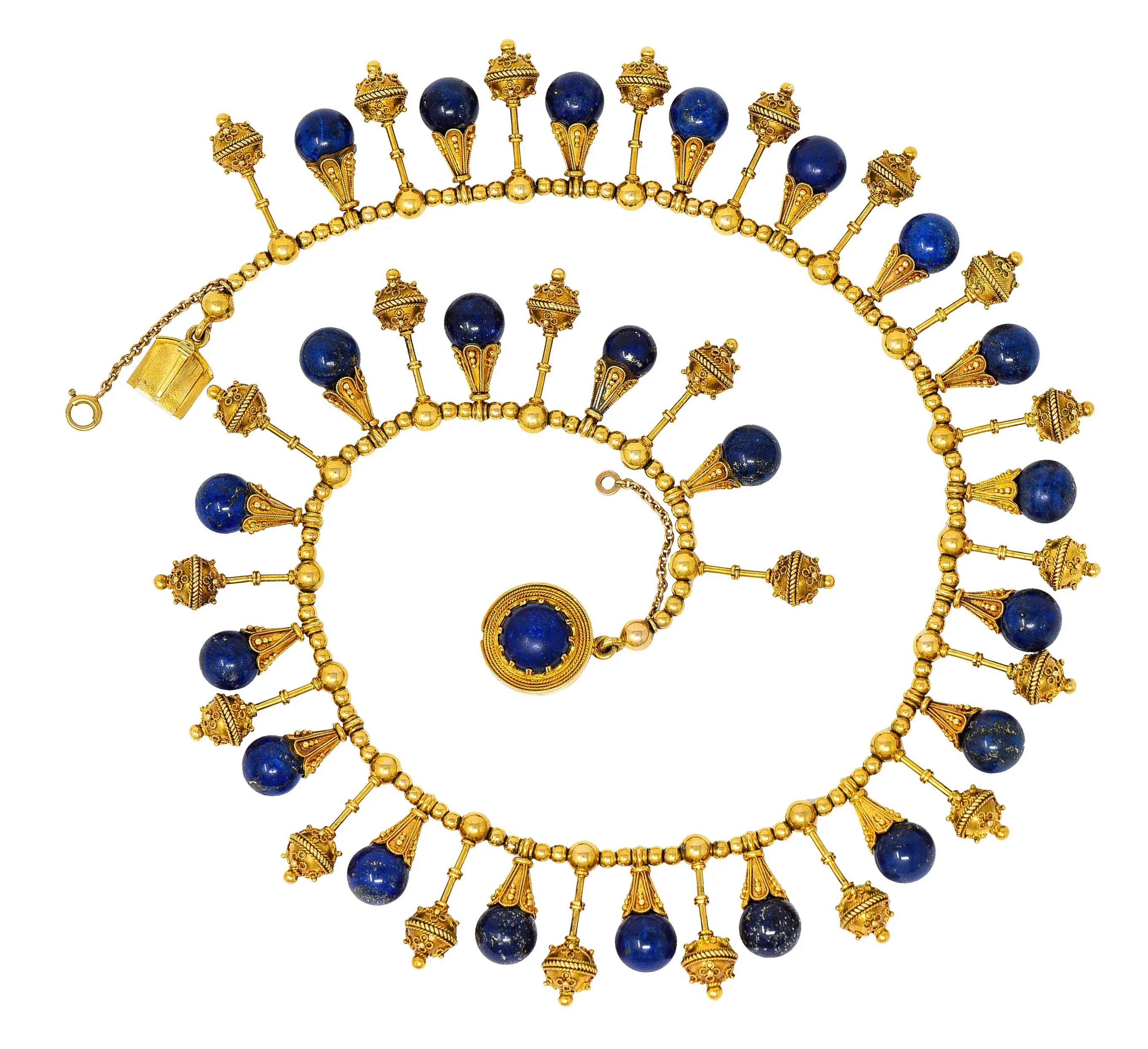 Victorian Etruscan Revival Lapis Lazuli 18 Karat Gold Drop Fringe Necklace