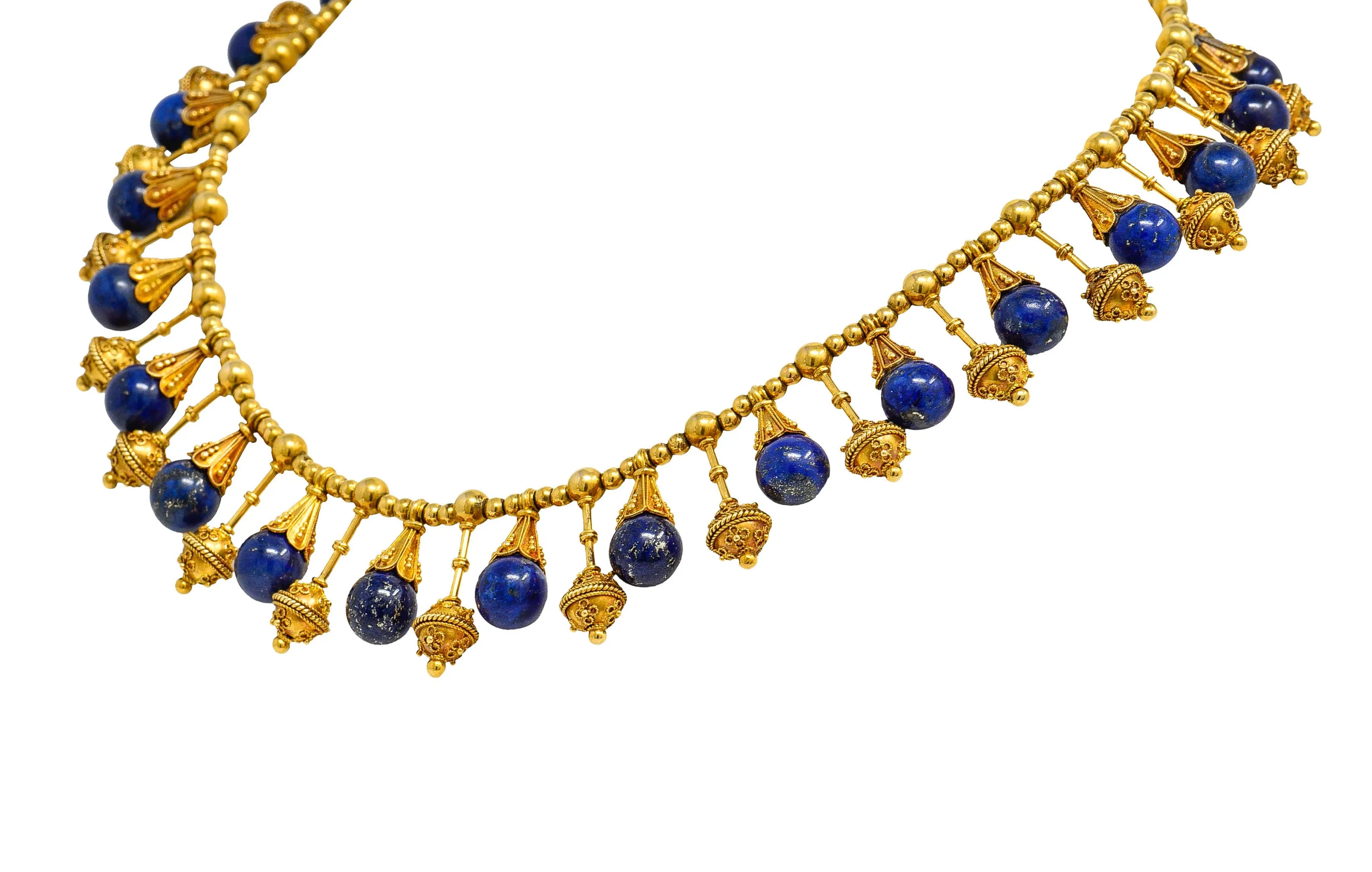 Victorian Etruscan Revival Lapis Lazuli 18 Karat Gold Drop Fringe Necklace