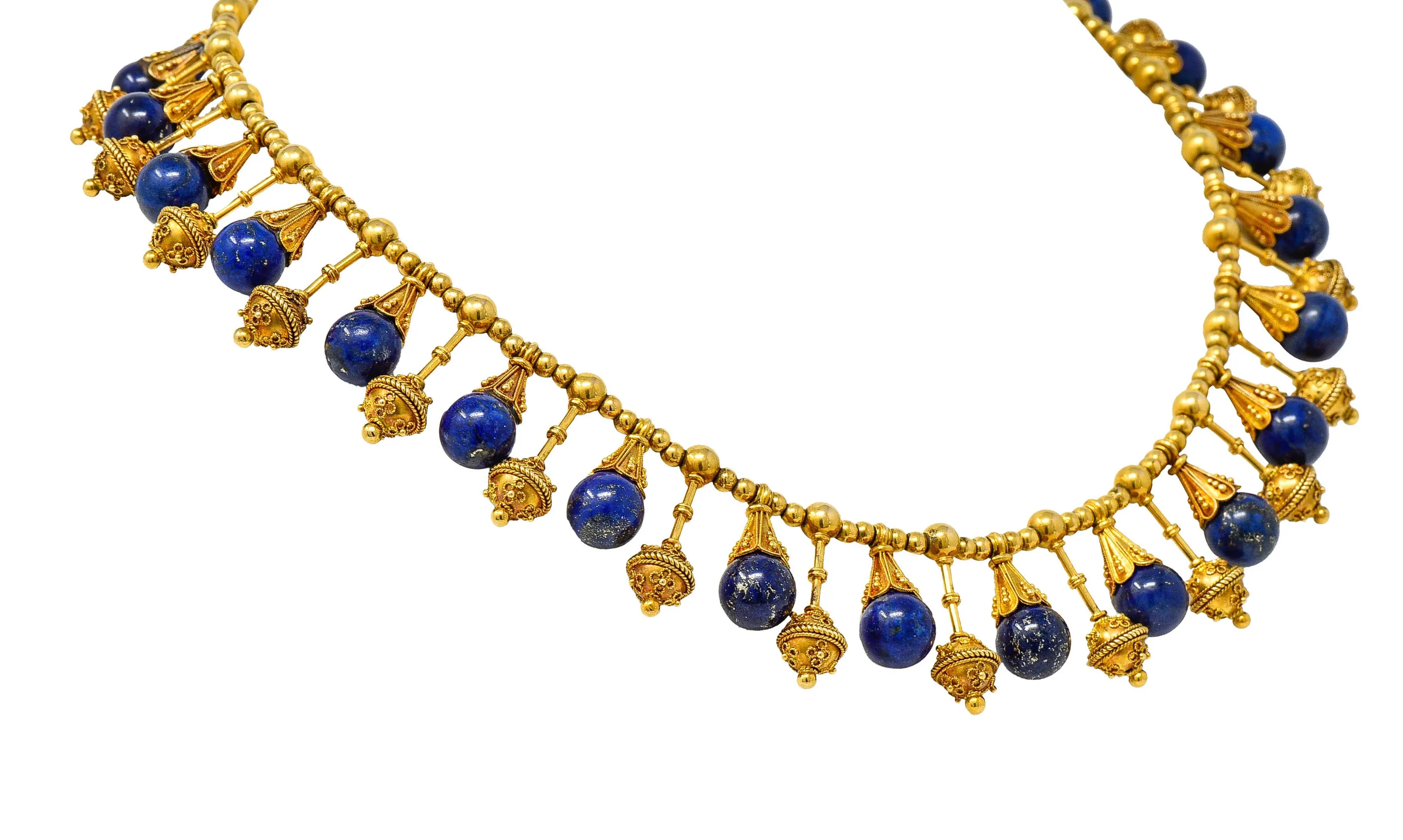 Victorian Etruscan Revival Lapis Lazuli 18 Karat Gold Drop Fringe Necklace