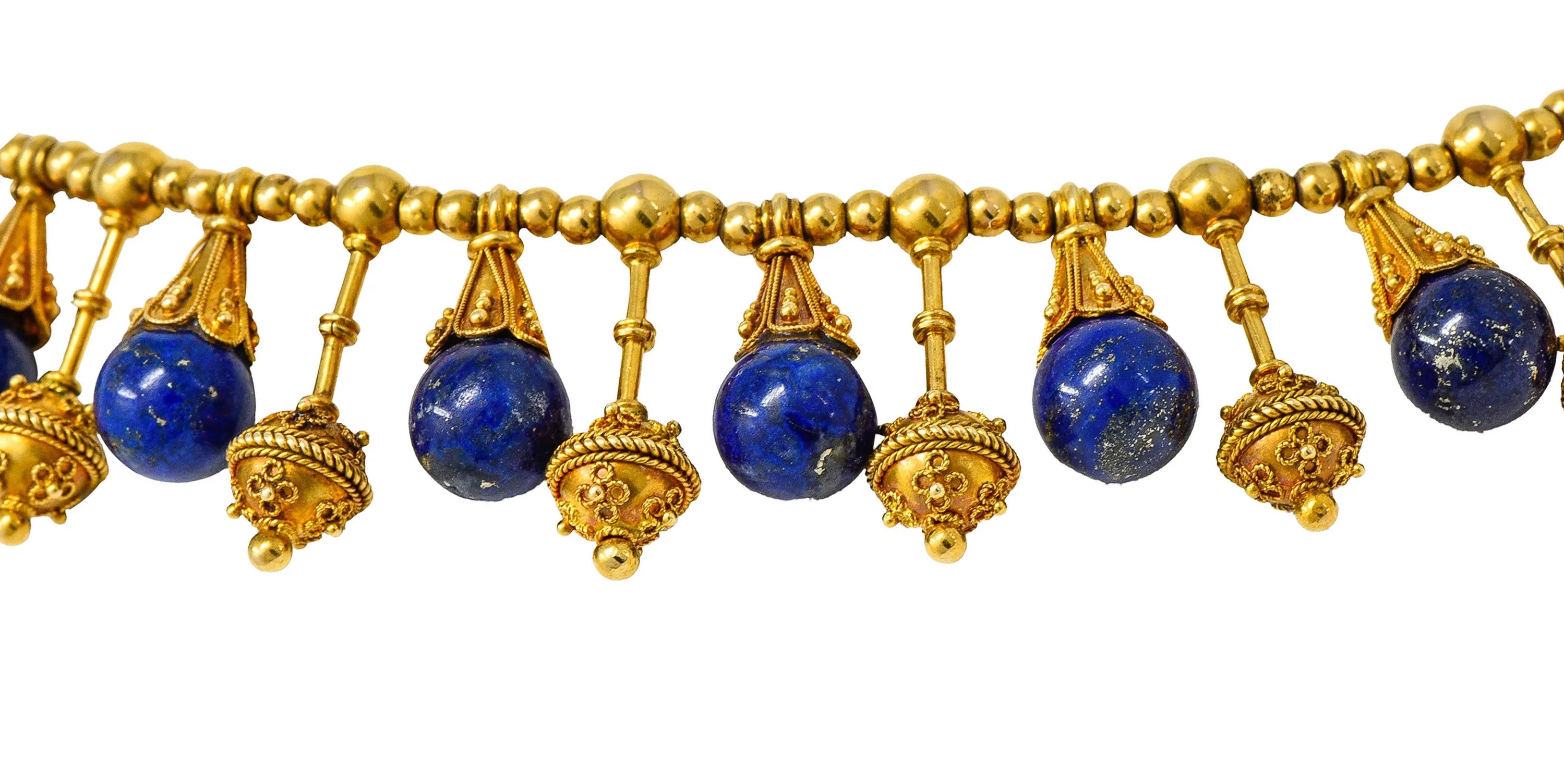 Victorian Etruscan Revival Lapis Lazuli 18 Karat Gold Drop Fringe Necklace