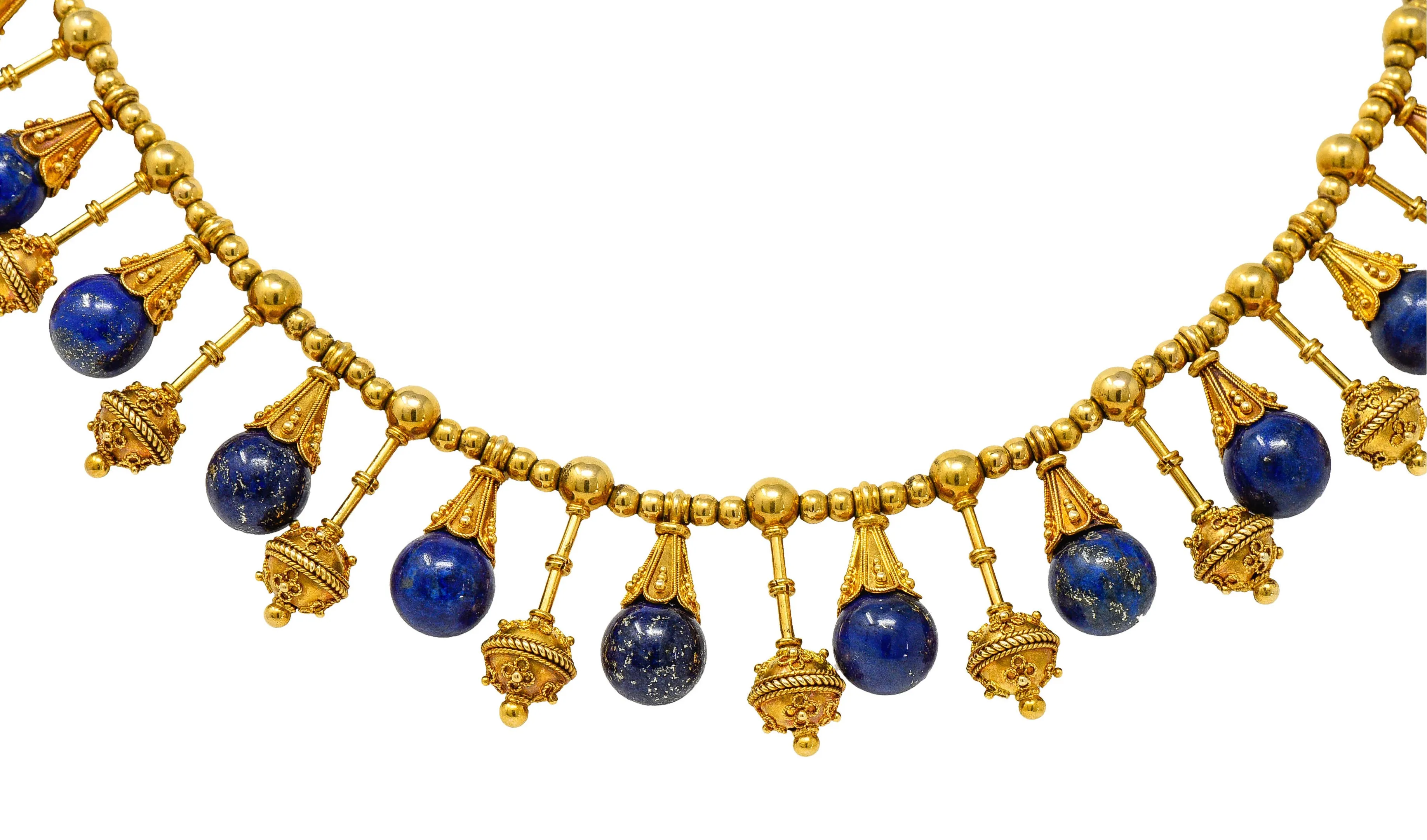 Victorian Etruscan Revival Lapis Lazuli 18 Karat Gold Drop Fringe Necklace