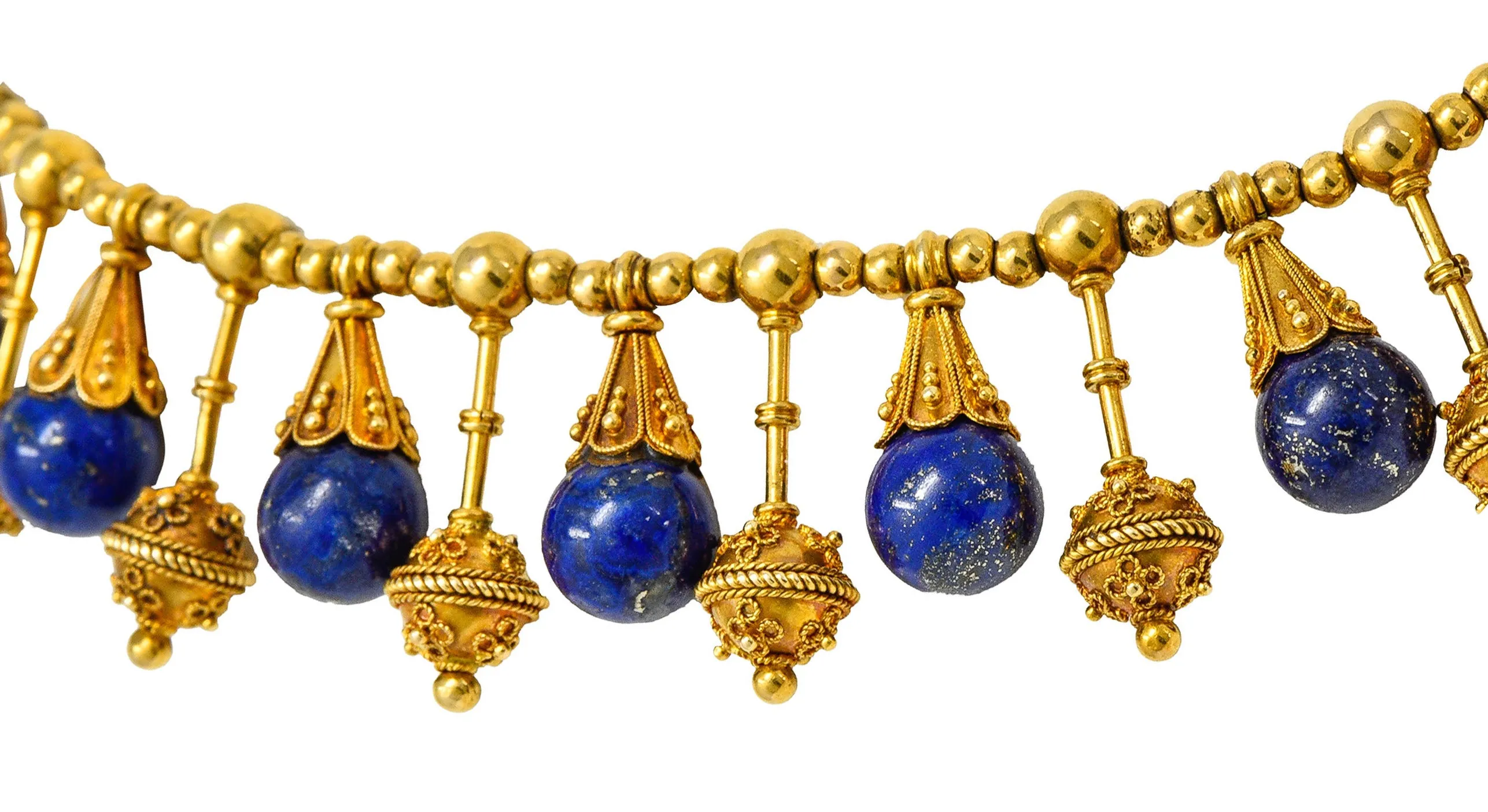 Victorian Etruscan Revival Lapis Lazuli 18 Karat Gold Drop Fringe Necklace