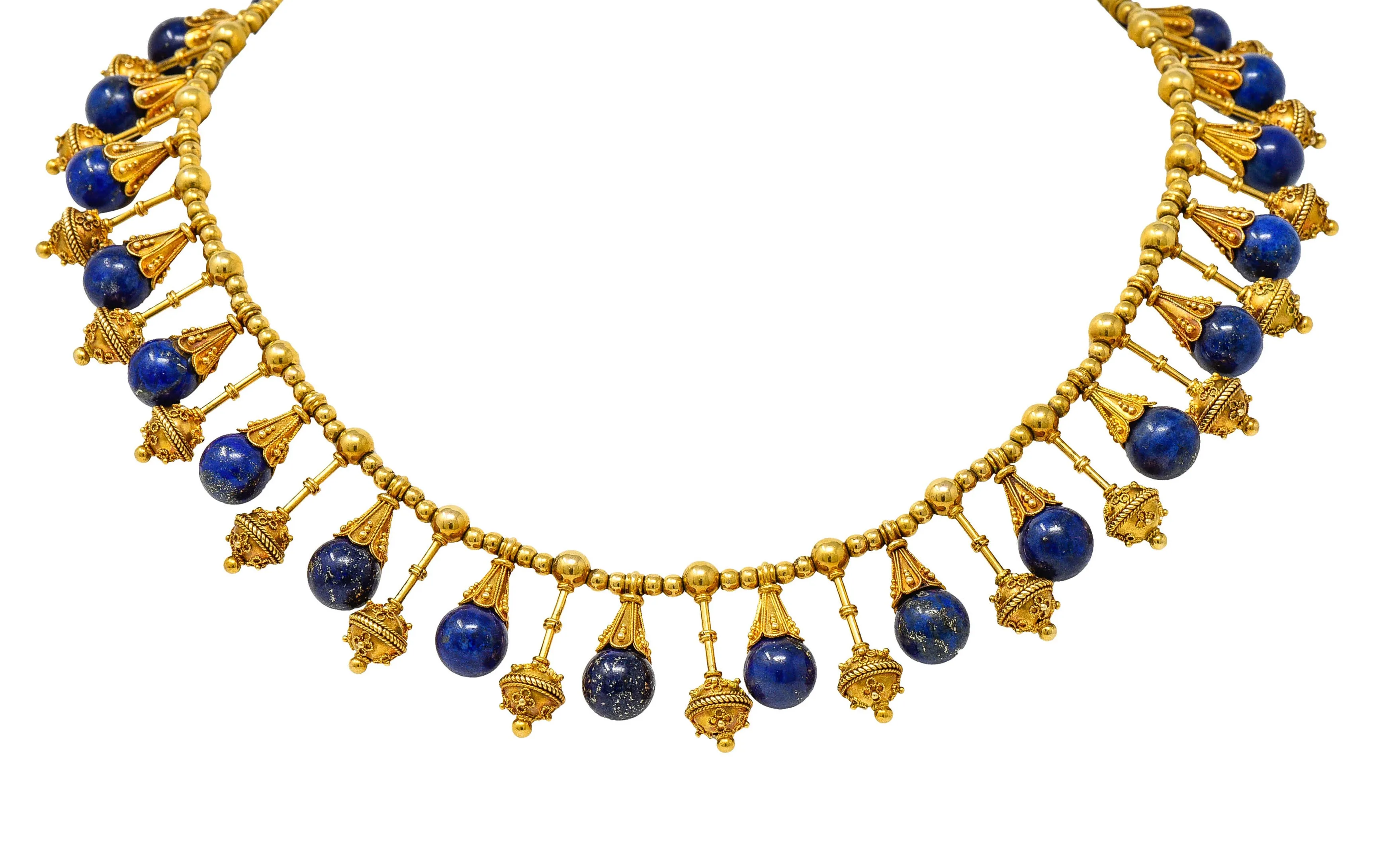 Victorian Etruscan Revival Lapis Lazuli 18 Karat Gold Drop Fringe Necklace