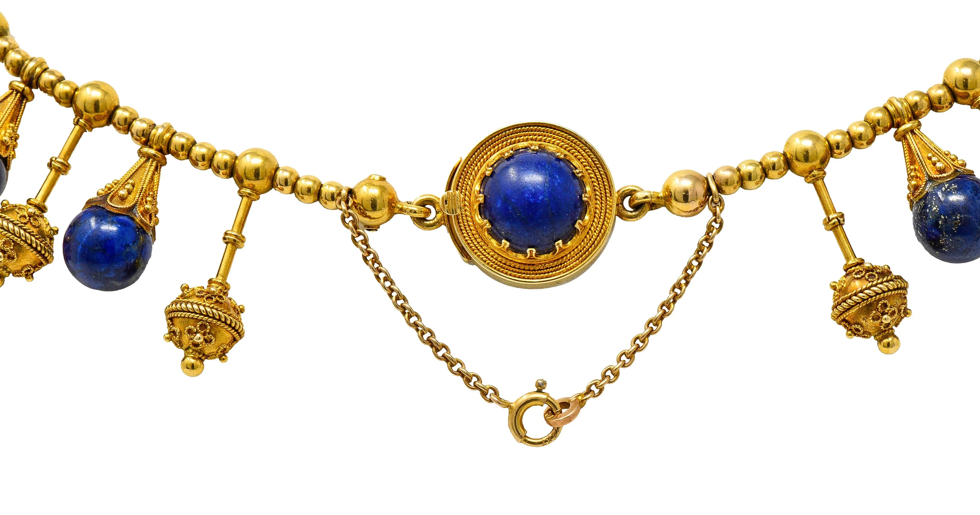 Victorian Etruscan Revival Lapis Lazuli 18 Karat Gold Drop Fringe Necklace