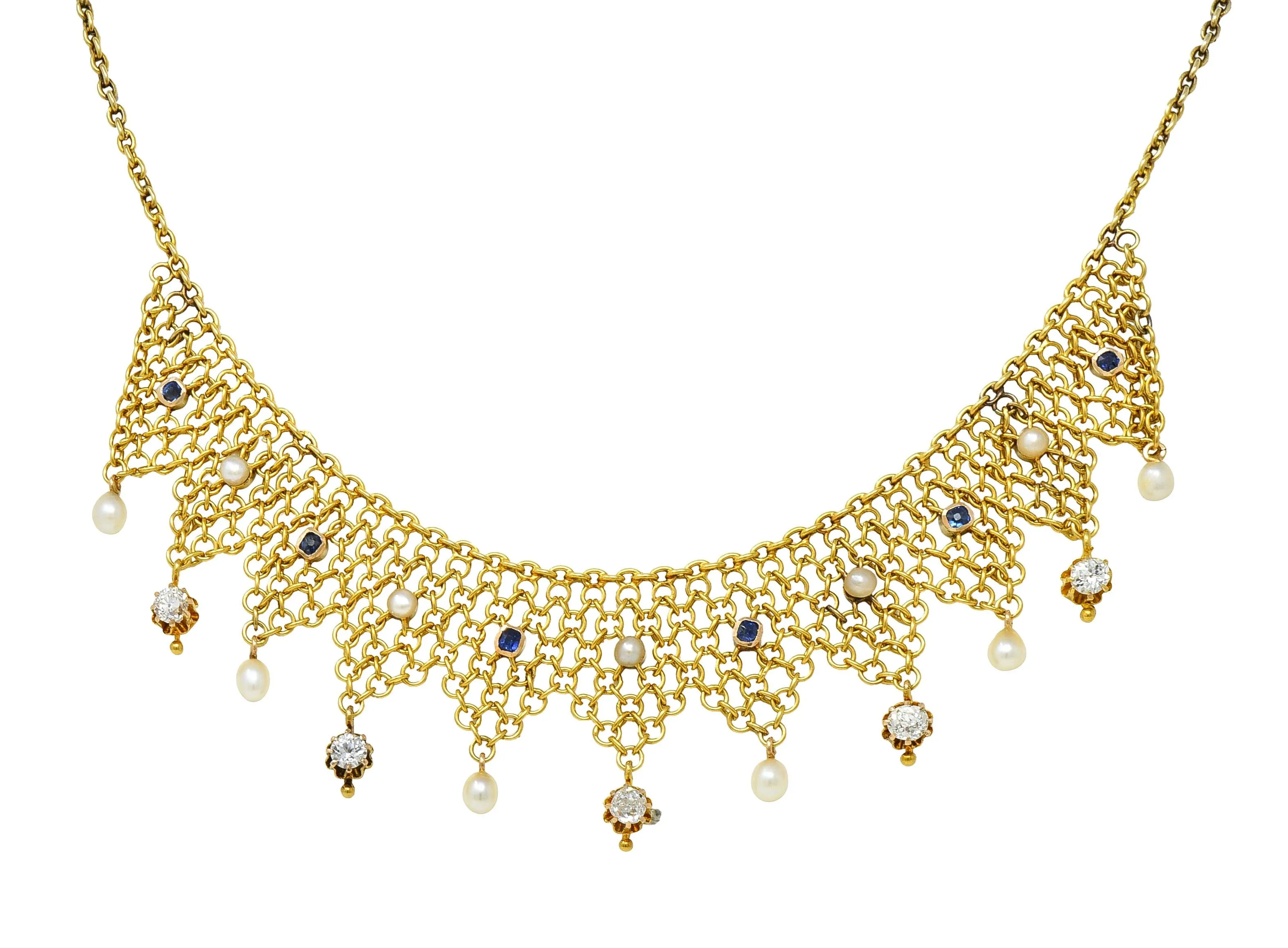 Victorian Russian 1.00 CTW Diamond Sapphire Pearl 14 Karat Gold Mesh Fringe Antique Necklace